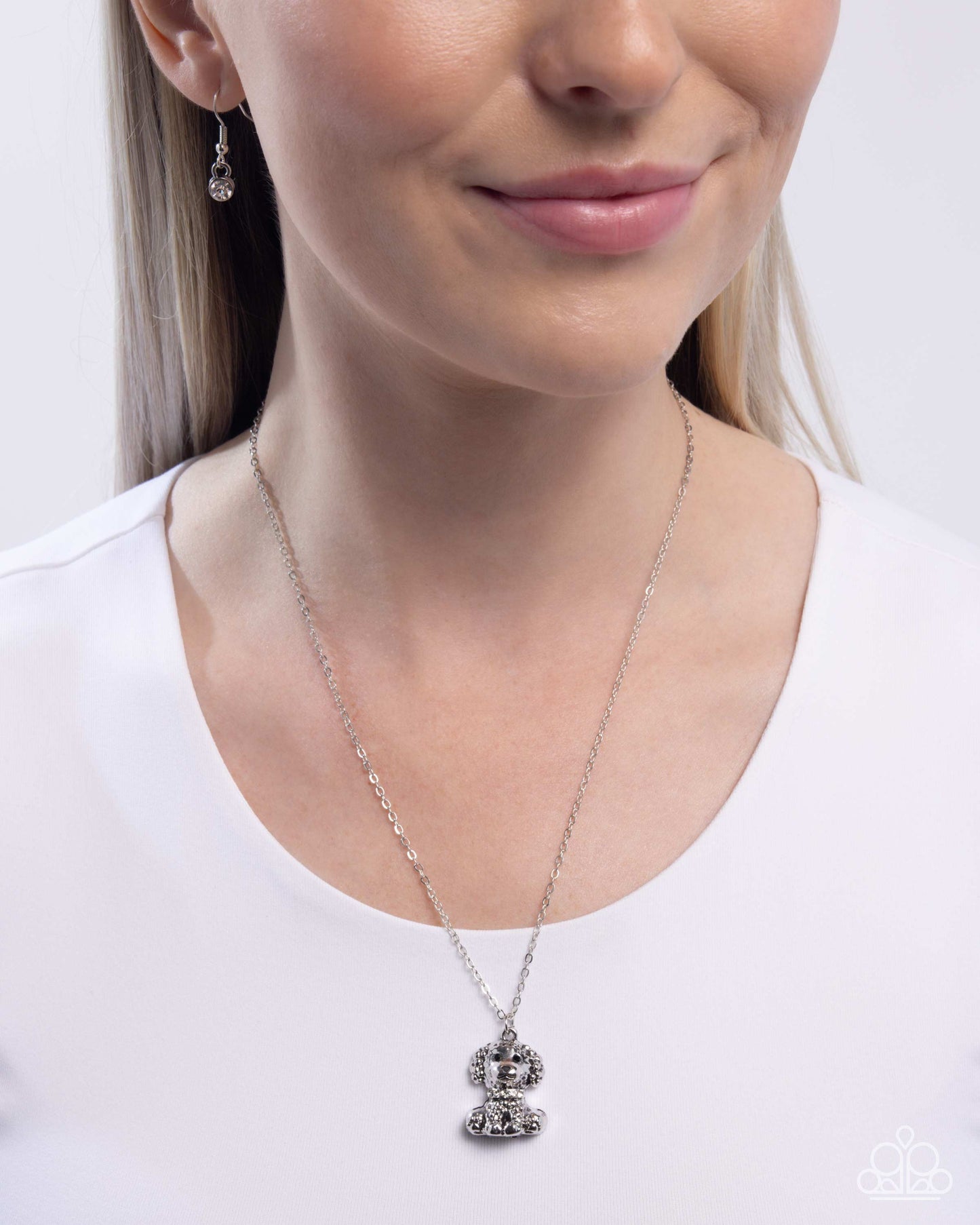 Poodle Pizzazz - White Rhinestone Silver Dog Pendant Necklace - Paparazzi Accessories