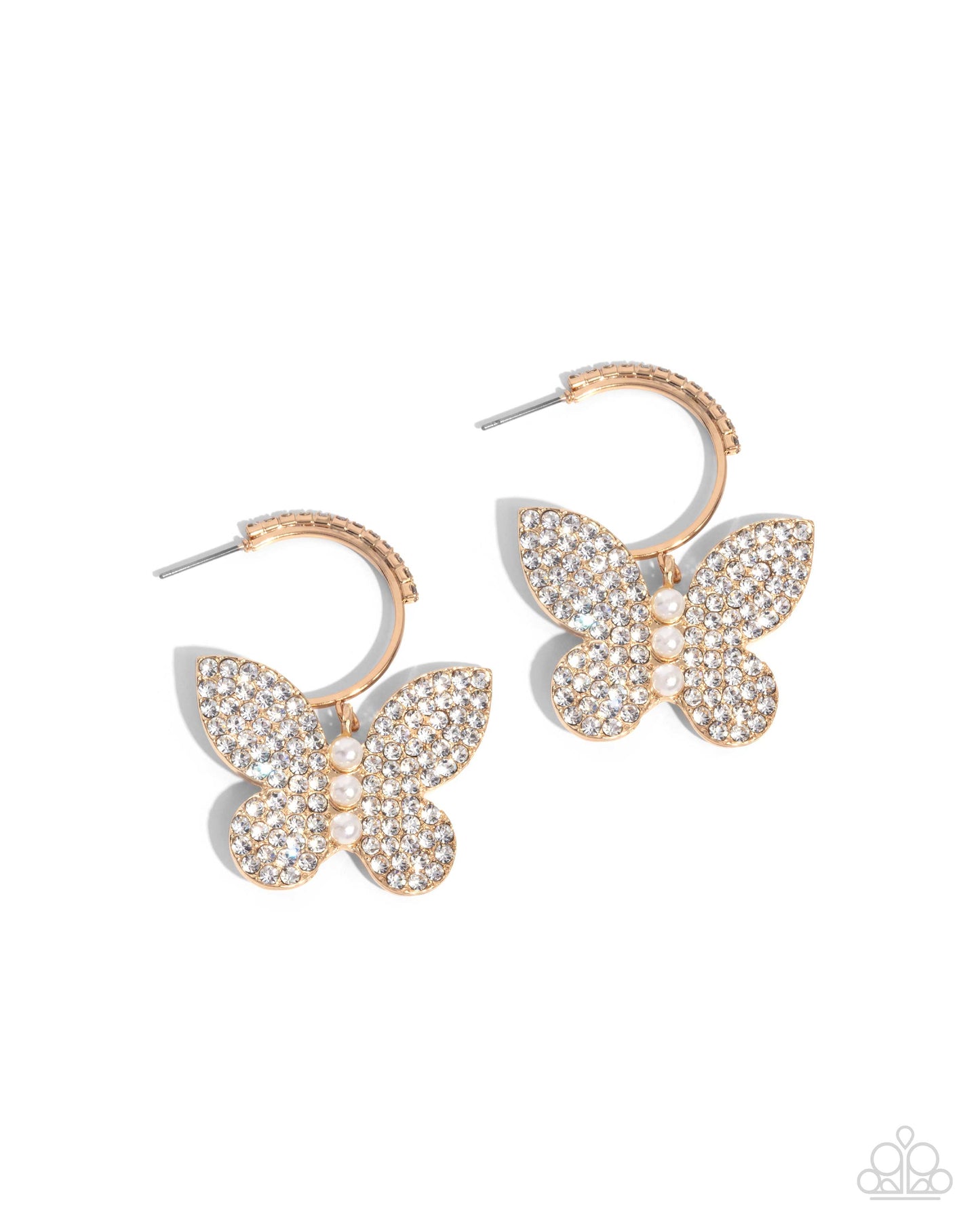 Butterfly Boundary - Gold Butterfly White Rhinestone & Pearl Hoop Earrings - Paparazzi Accessories