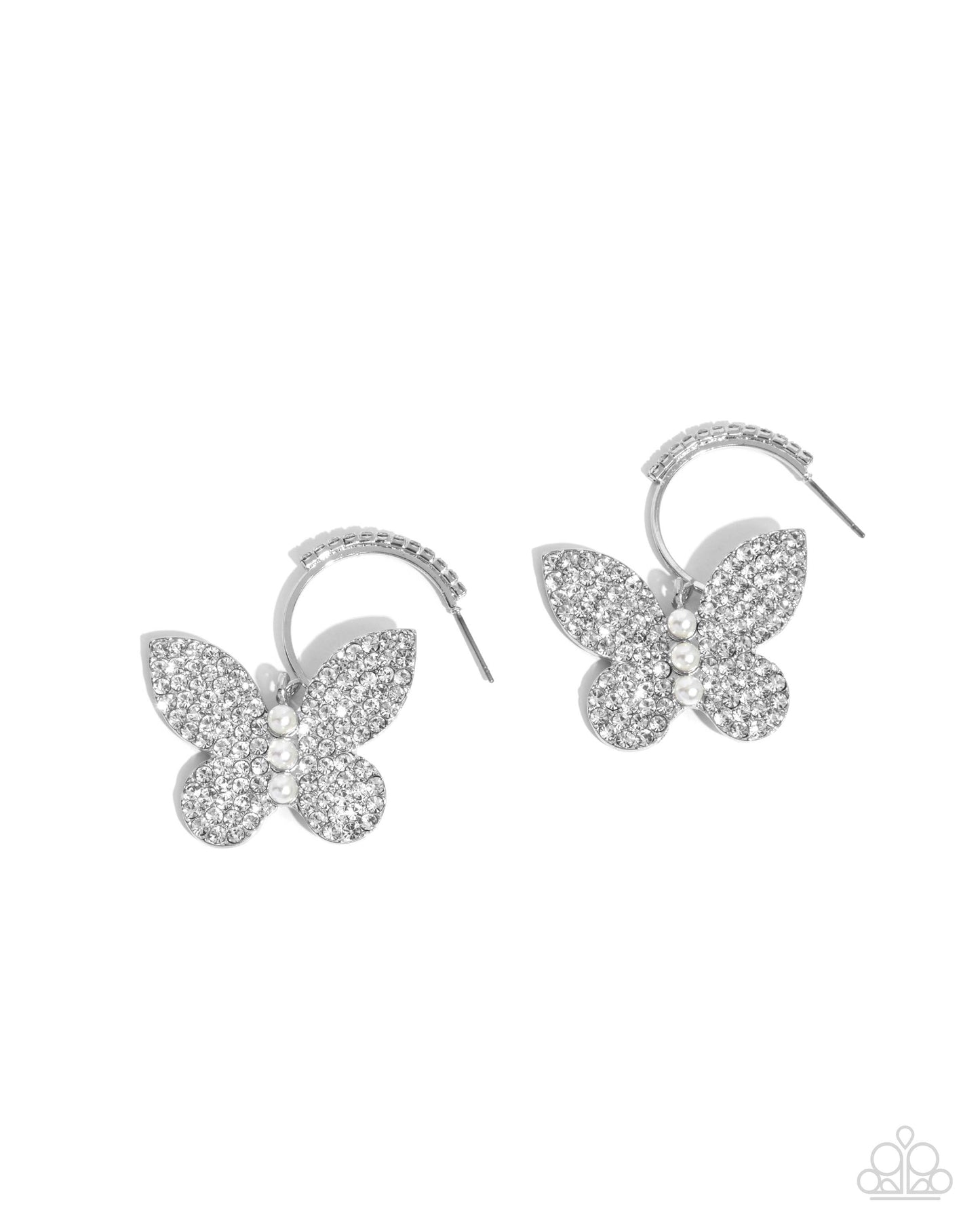 Butterfly Boundary - White Rhinestone & Pearl Butterfly Earrings - Paparazzi Accessories