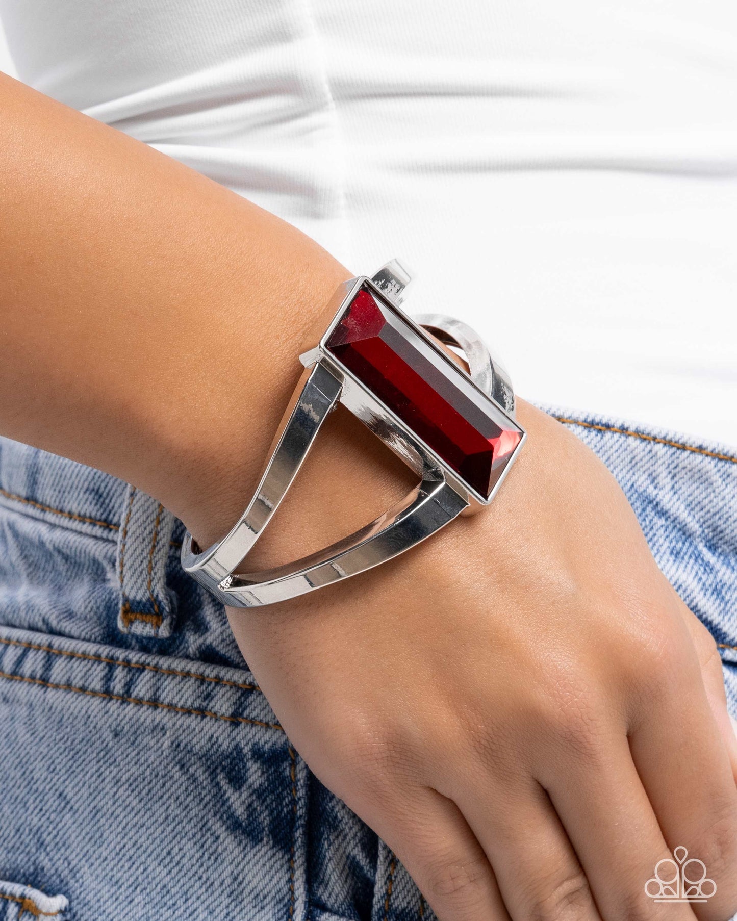 Pick-Me-Up Pizzazz - Red Gem Silver Hinge Bracelet - Paparazzi Accessories