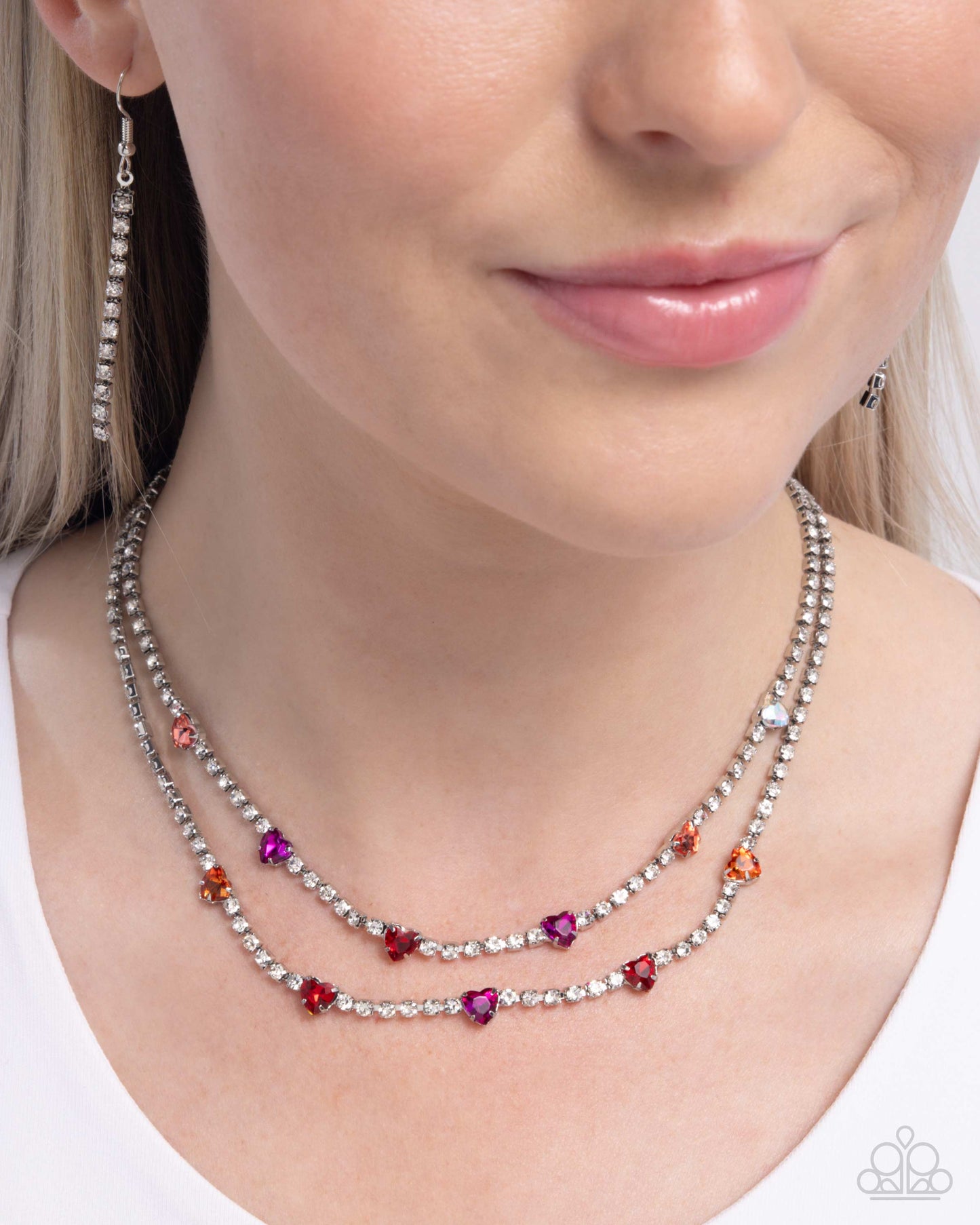 Courting Closeness - Red Iridescent Gem Hearts Silver Layered Necklace - Paparazzi Accessories