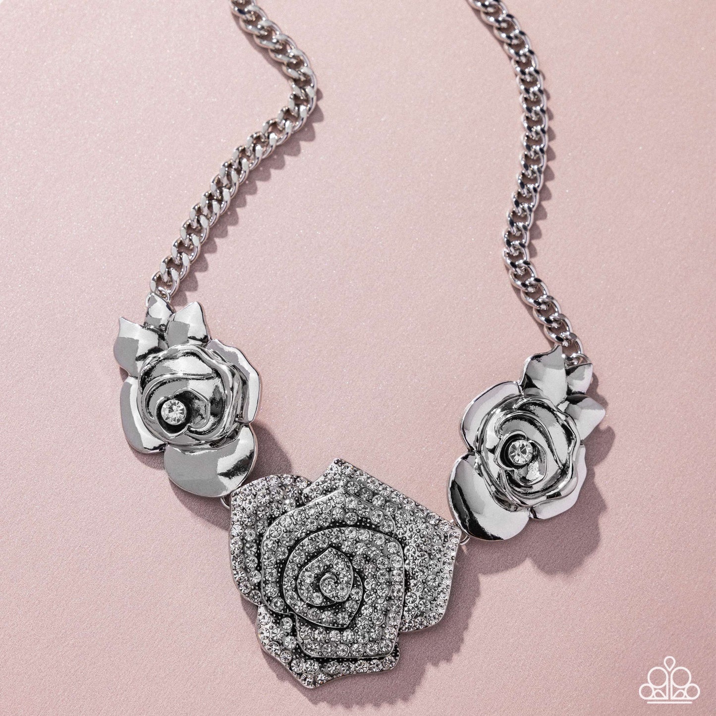 Bouquet Beacon - White Rhinestone Silver Rose Necklace - January 2025 Life of the Party Exclusive