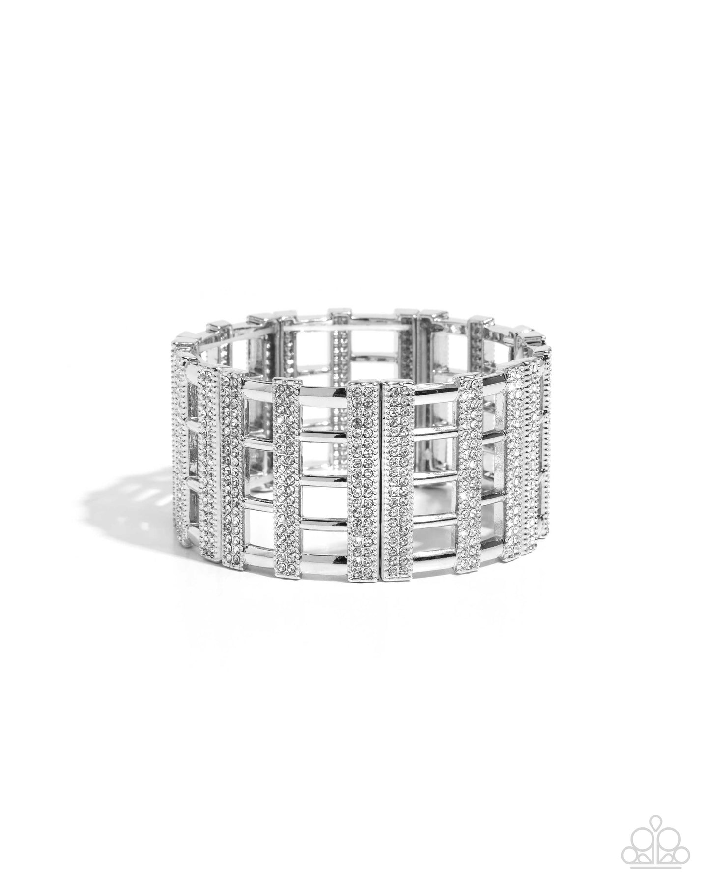 Vertical Vanity - White Rhinestone Silver Bars Stretchy Bracelet - Paparazzi Accessories