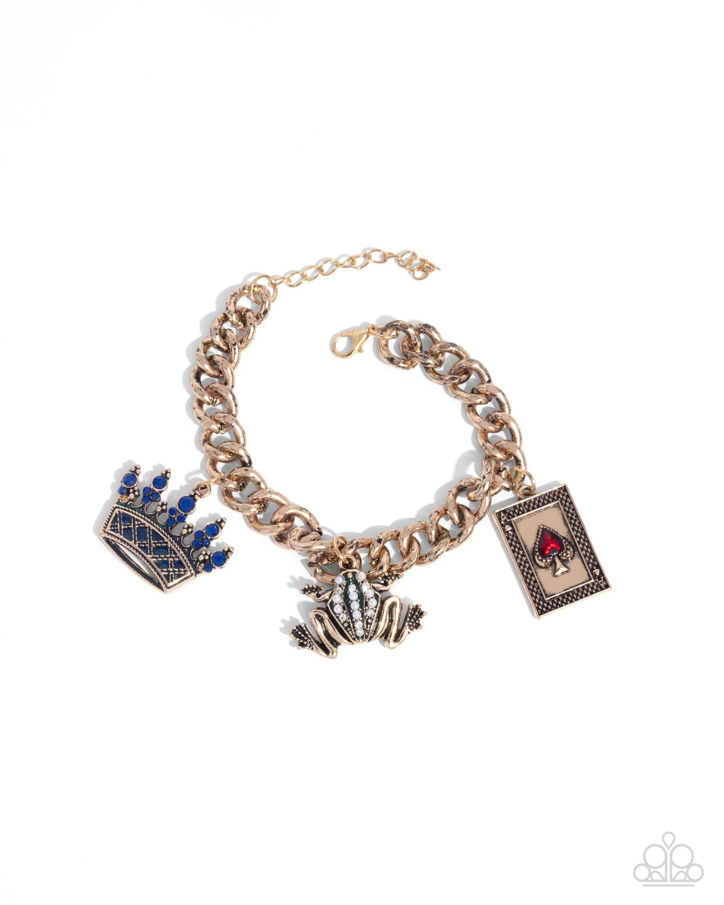 Casino Chic - Multi - Blue Gem Crown, Pearl Frog, Red Enamel Card Charm Gold Clasp Bracelet - Paparazzi Accessories