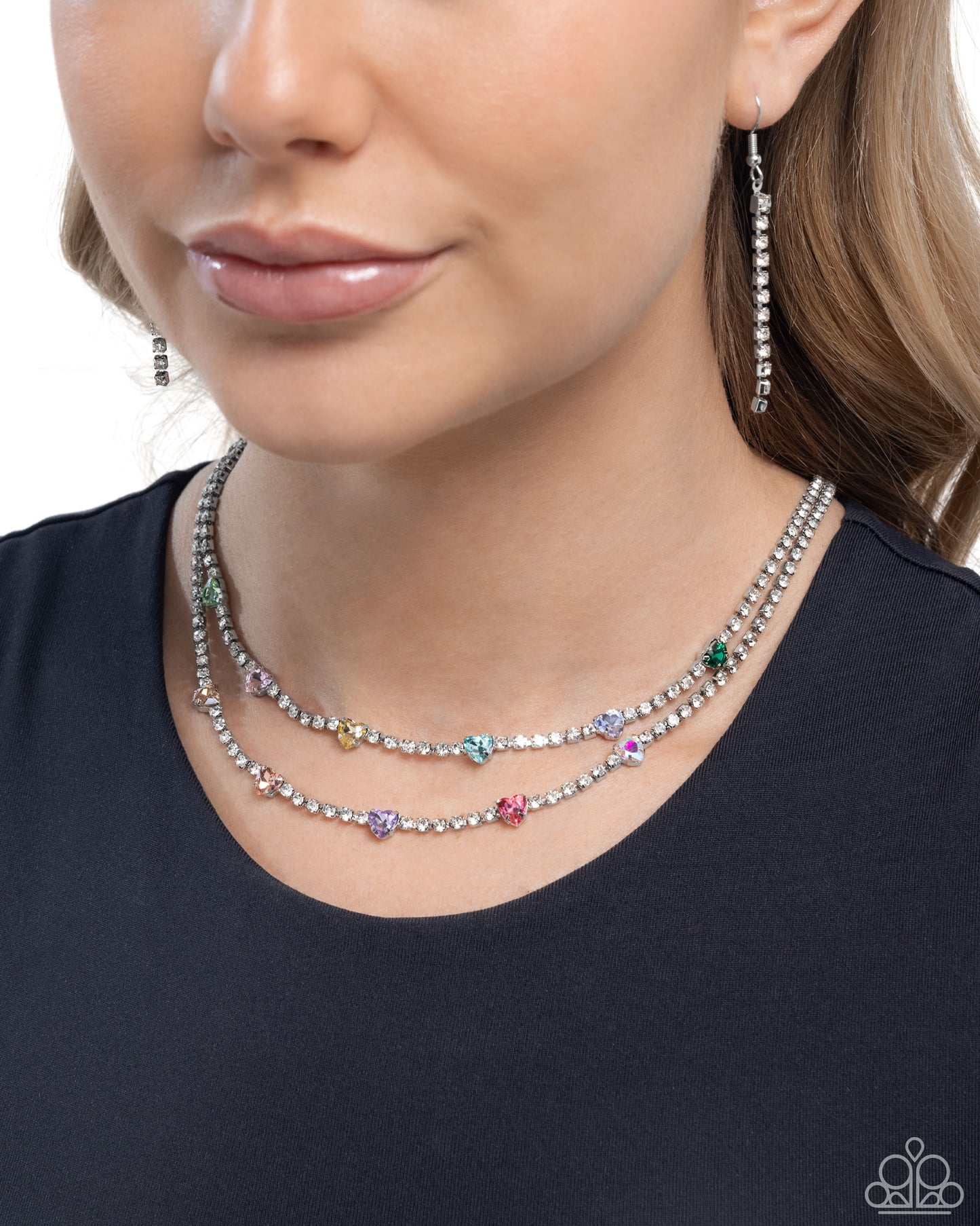 Courting Closeness - Multi Iridescent Gem Hearts Silver Layered Necklace - Paparazzi Accessories