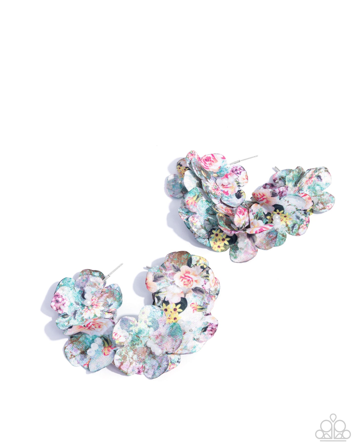 Whimsical Walk - Multi Fabric Petal Silver Hoop Earrings - Paparazzi Accessories