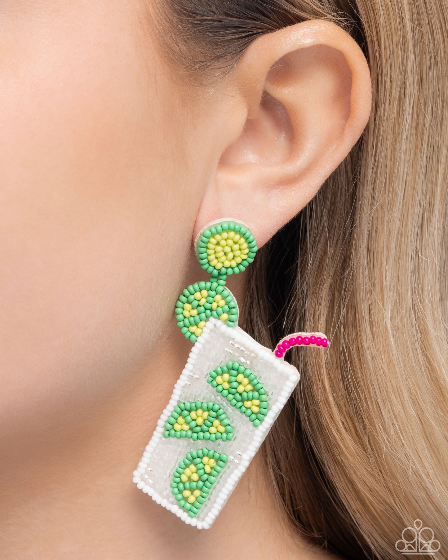 Lavish Limes - Green, Yellow, Pink, & White Seed Bead Drink Post Earrings - Paparazzi Accessories