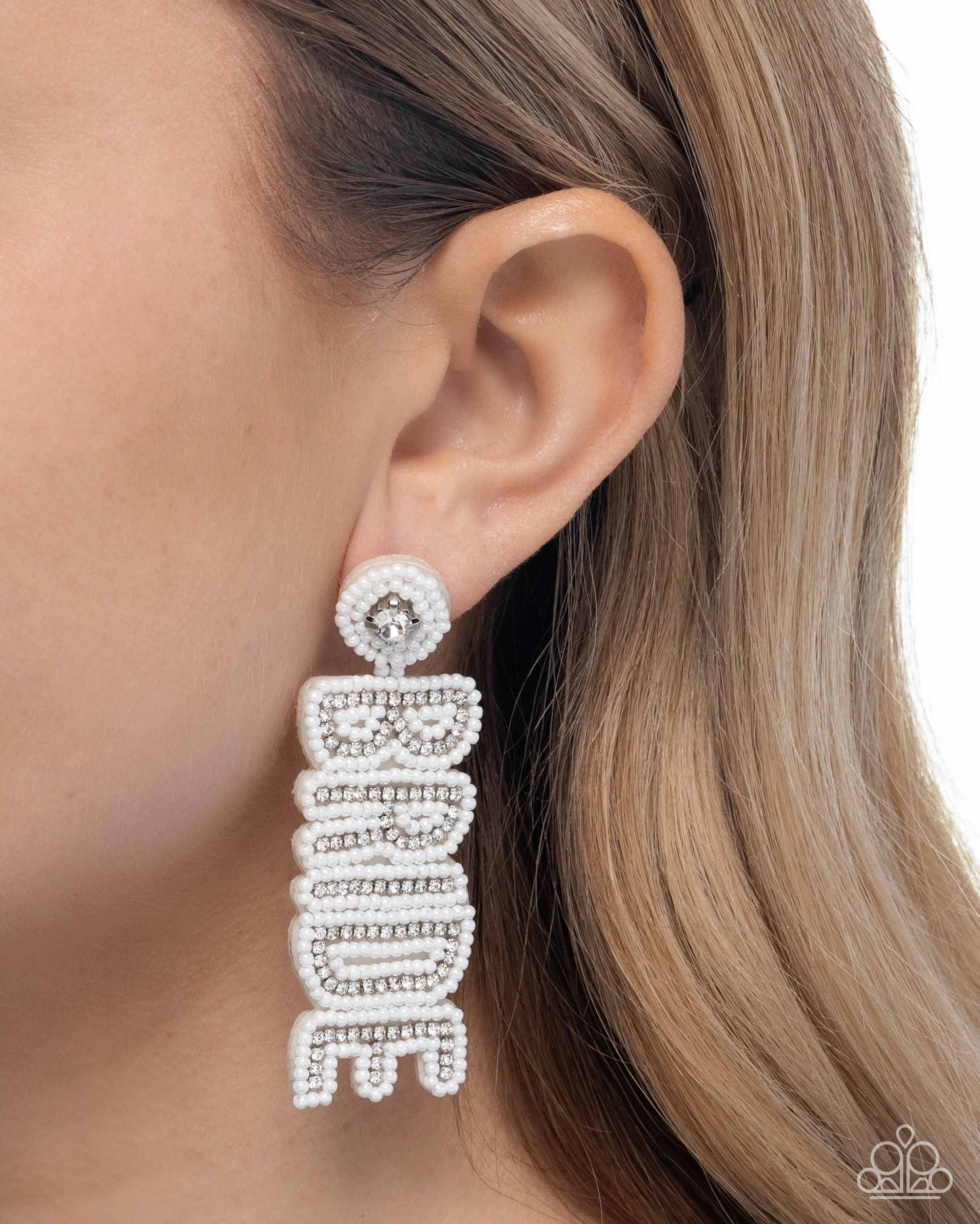 Bridal Beading - White Pearl and Rhinestone Post Back Earrings - Paparazzi Accessories