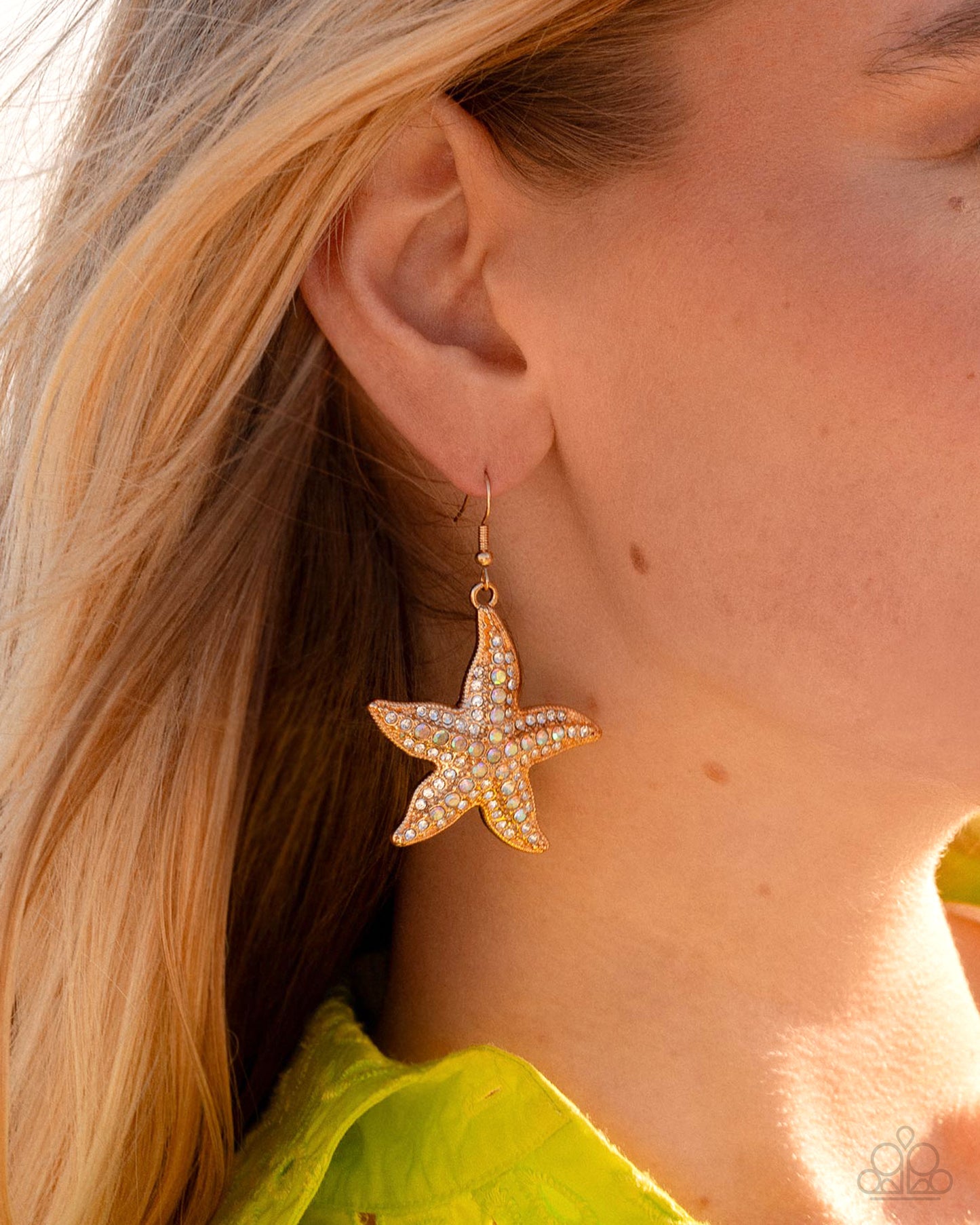 Starfish Spectacle - Gold Iridescent Rhinestone Fishhook Earrings - Paparazzi Accessories