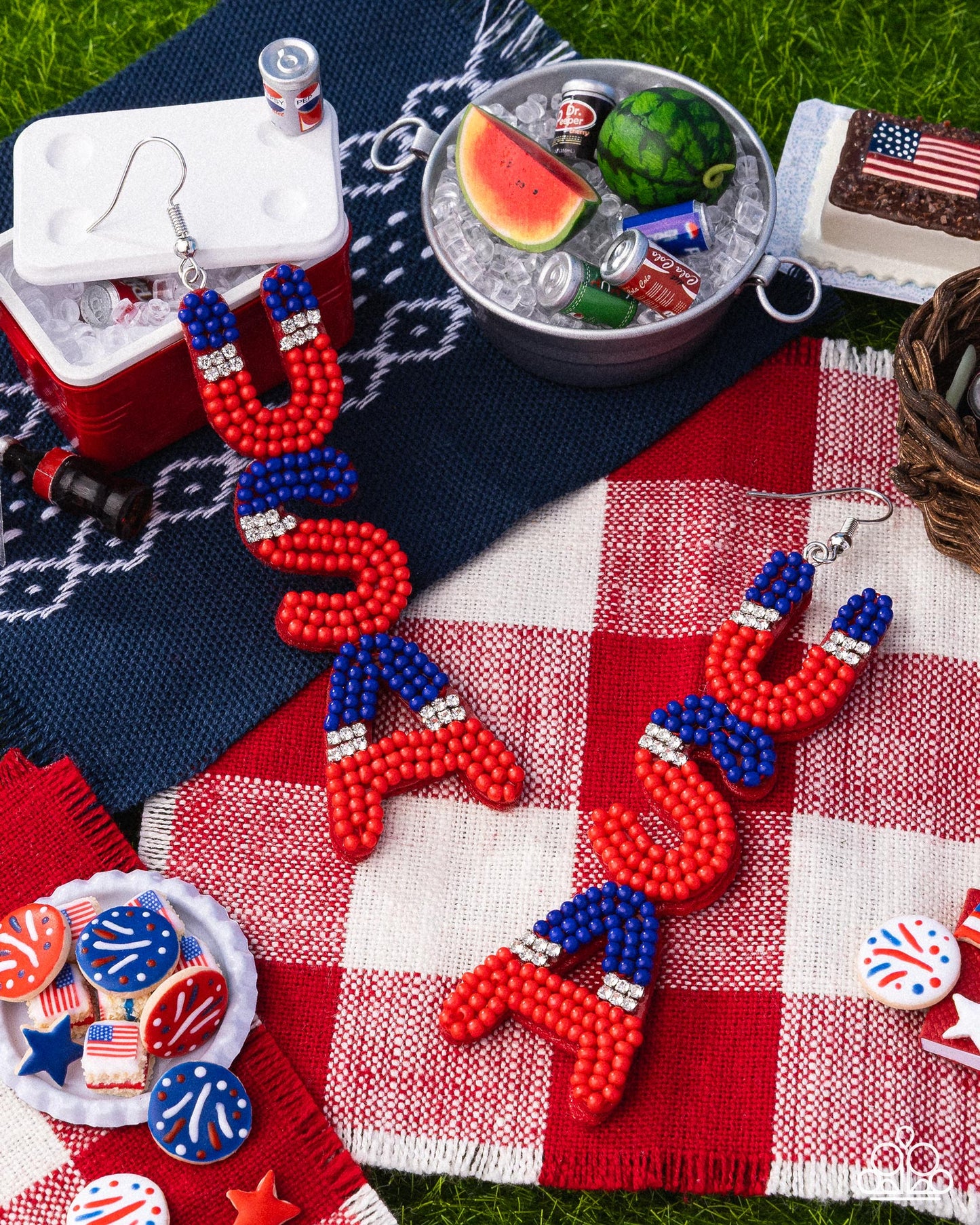 Pampered Patriot - Multi - Red & Blue Seed Beads, White Rhinestone "USA" Silver Fishhook Earrings - Paparazzi Accessories