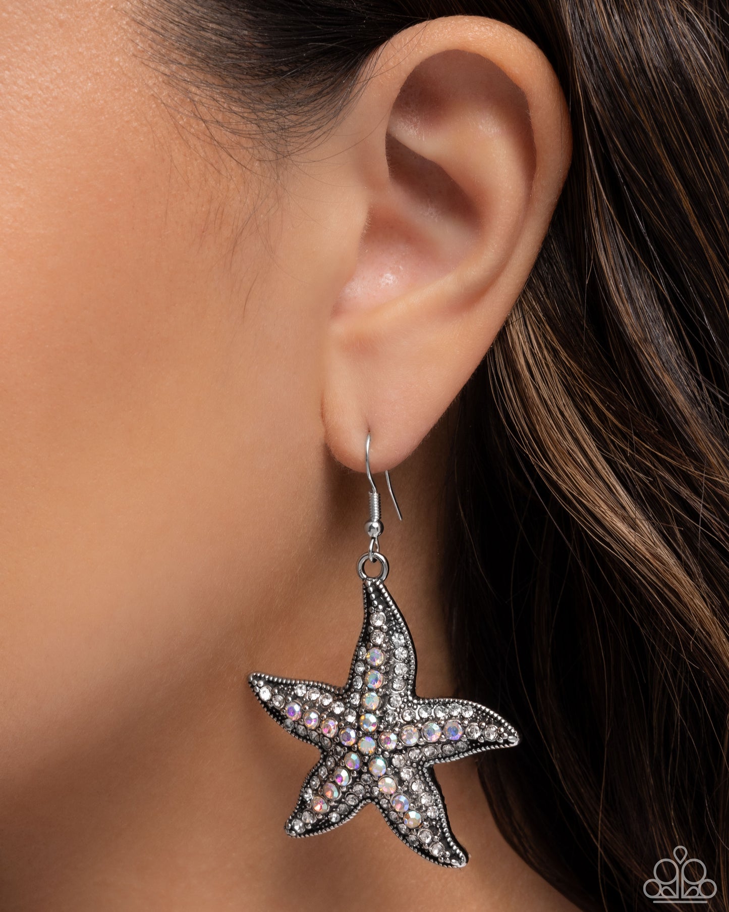 Starfish Spectacle - White Iridescent Rhinestone Silver Starfish Fishhook Earrings - Paparazzi Accessories