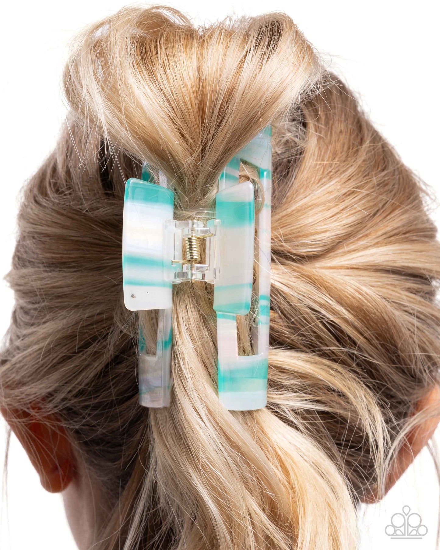 Striped Showcase - Multi Iridescent Green/Blue Striped Acrylic Claw Clip - Paparazzi Accessories