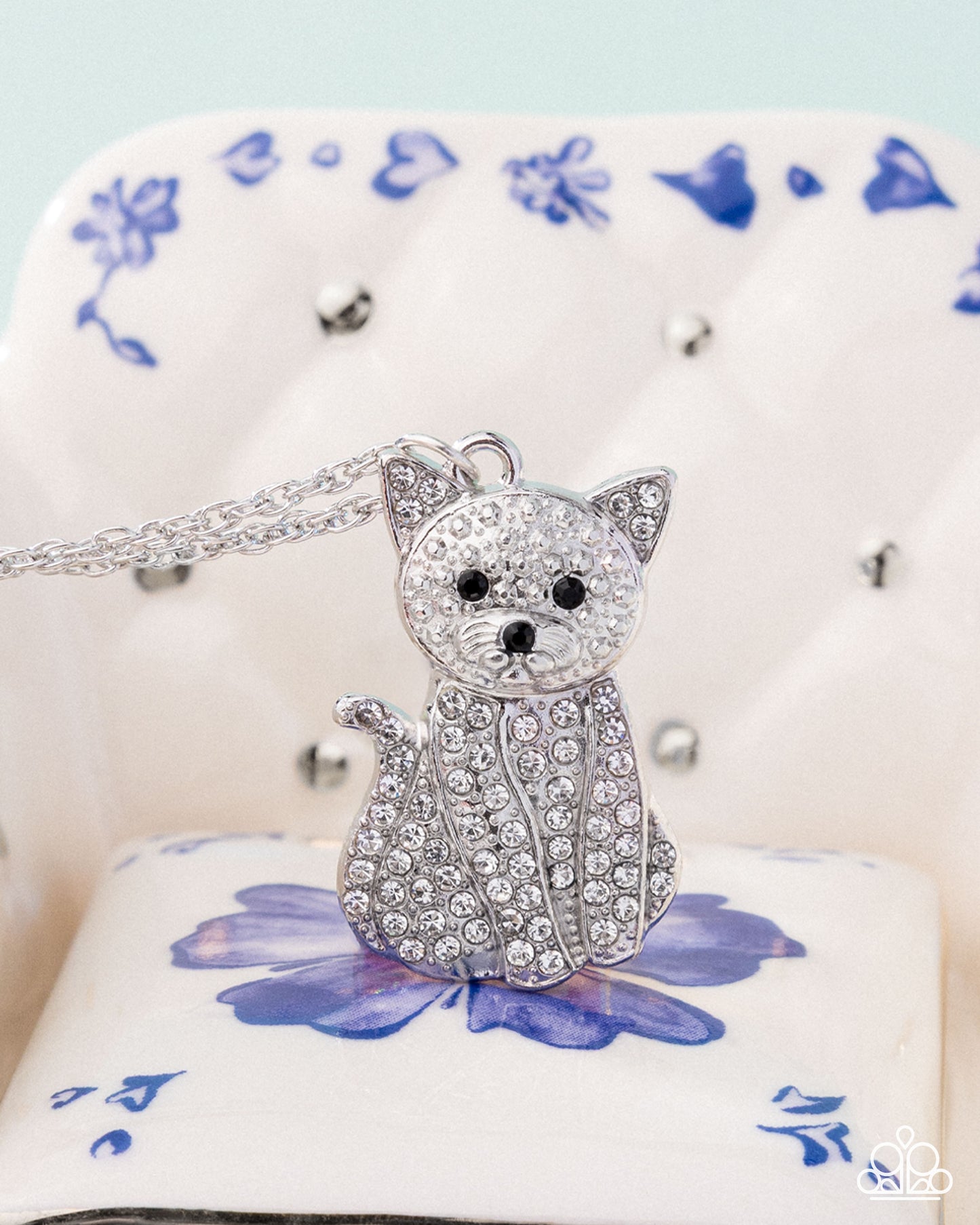 Cat Call - White Rhinestone Silver Cat Necklace - Paparazzi Accessories