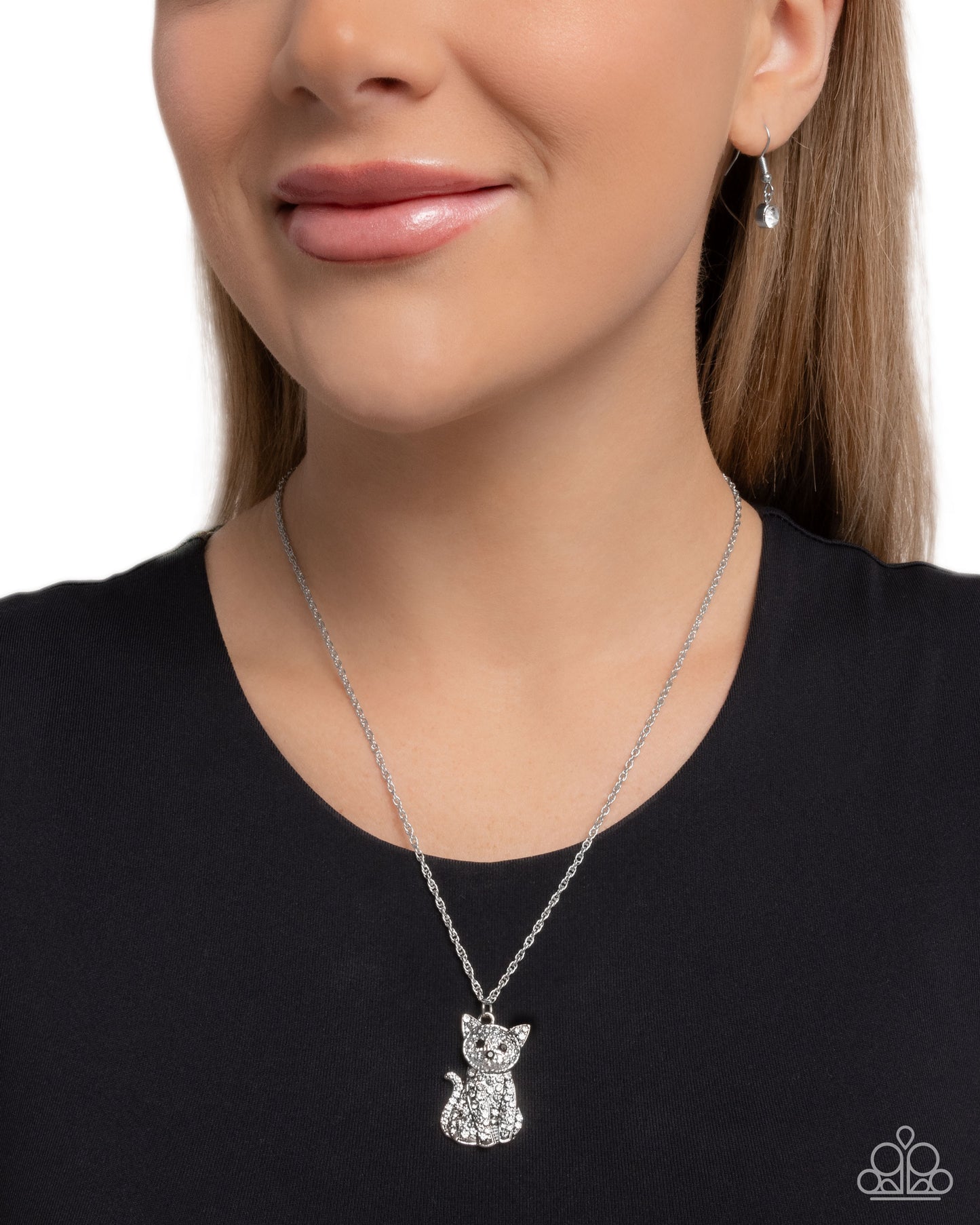 Cat Call - White Rhinestone Silver Cat Necklace - Paparazzi Accessories