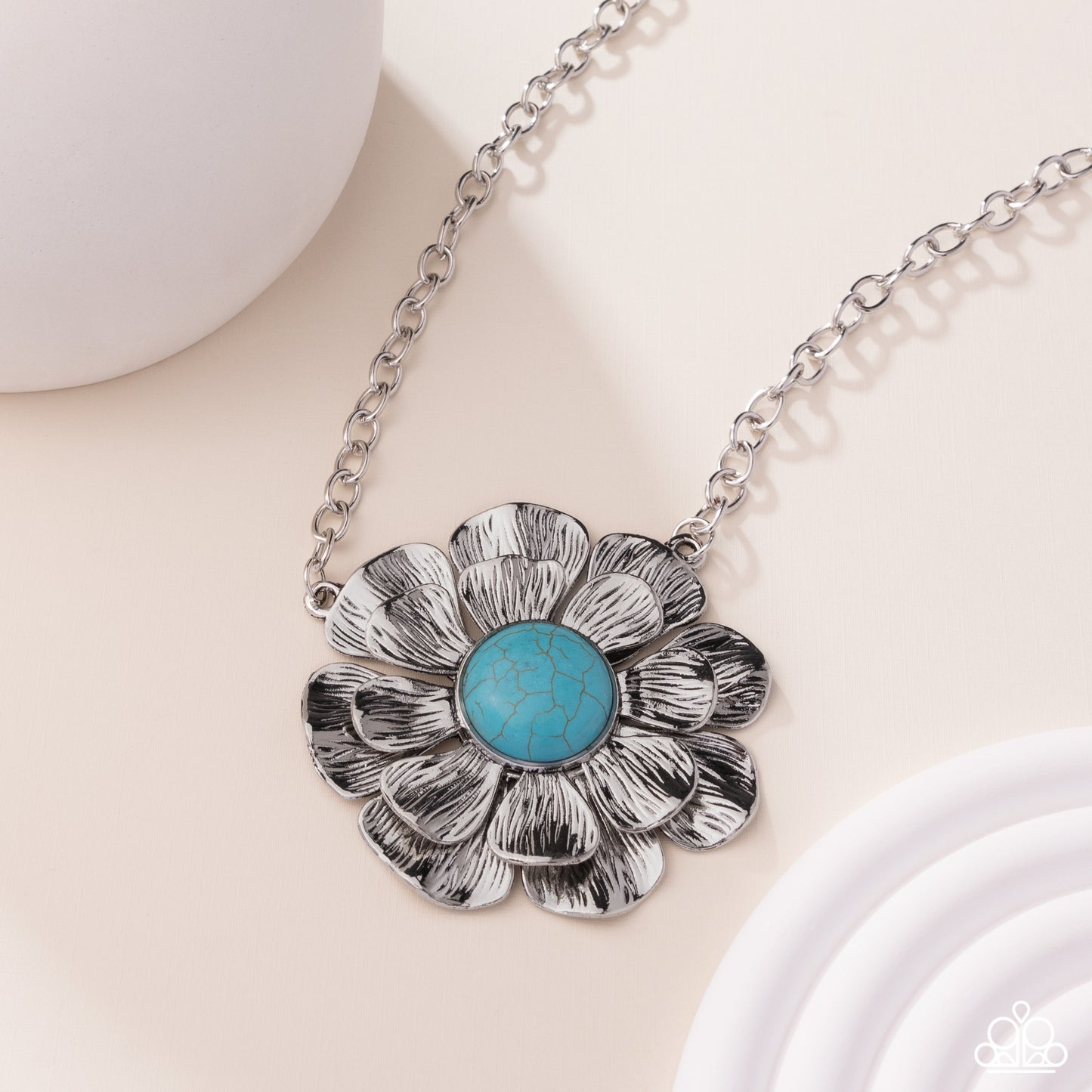 Floral Form - Blue Turquoise Crackle Stone Silver Flower Pendant Necklace - Paparazzi Accessories