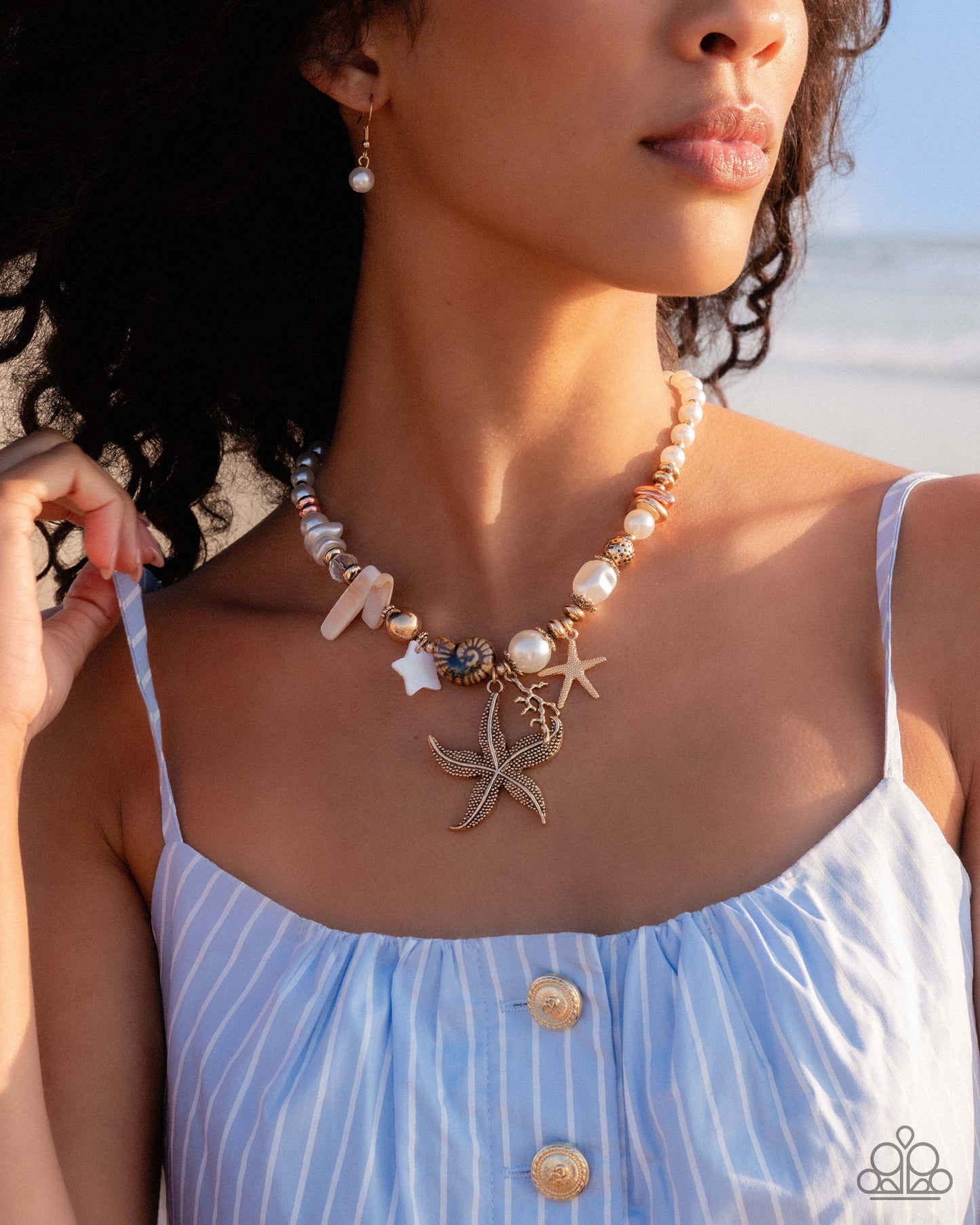 Coastal Cameo - Multi Beads White Pearl Gold Starfish Necklace - Paparazzi Accessories
