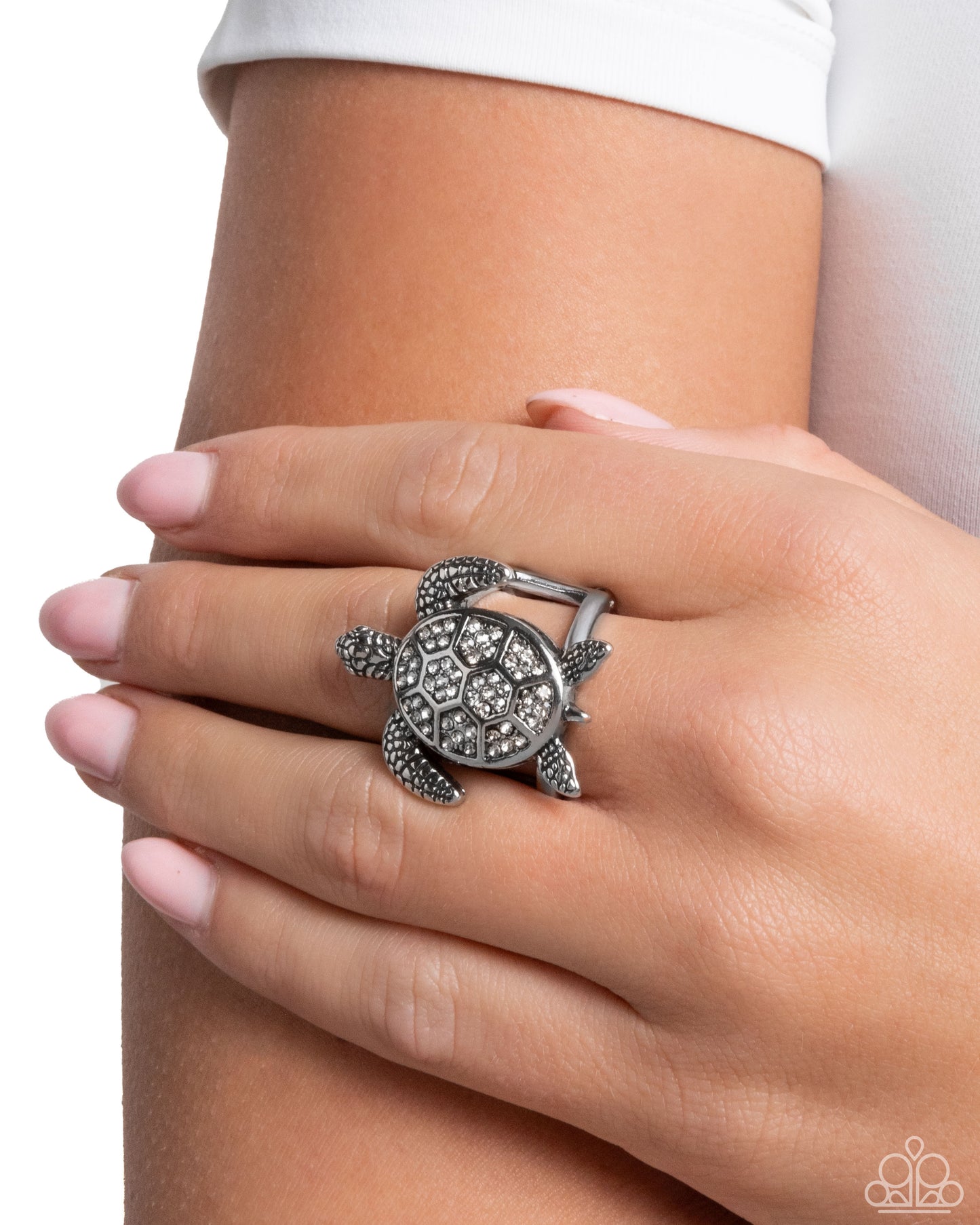 Turtle Triumph - Silver & White Rhinestone Ring - Paparazzi Accessories