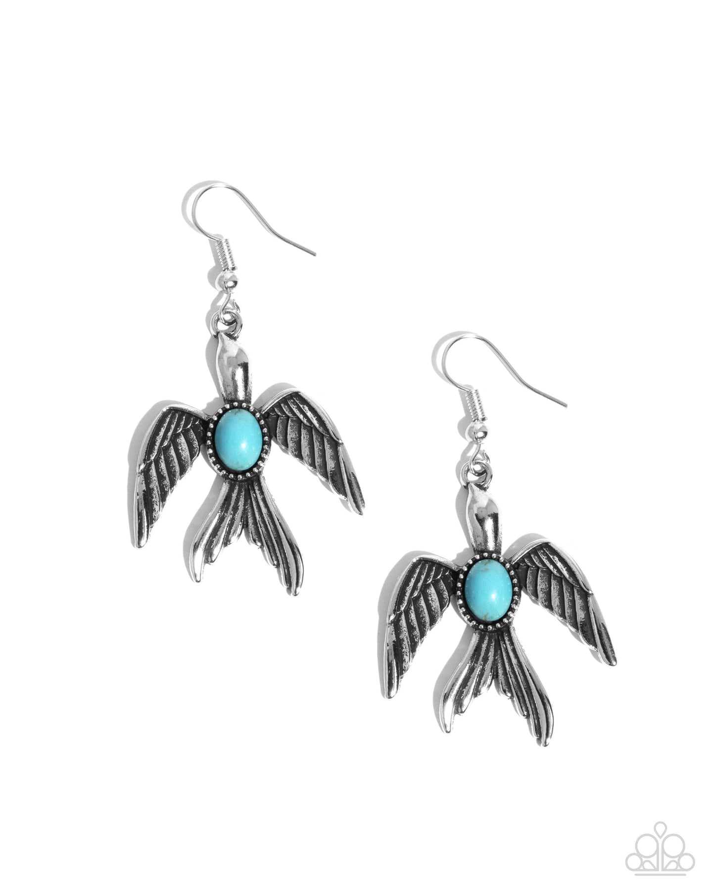 Soaring Stones - Blue Turquoise Stone Silver Bird Fishhook Earrings - Paparazzi Accessories