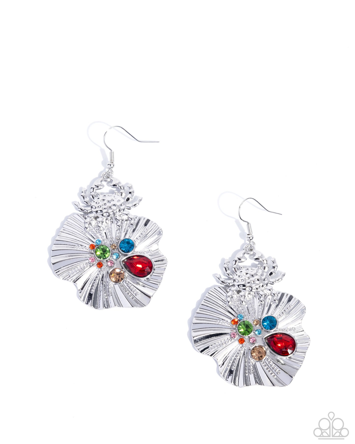 Capricious Crab - Red Rhinestone Silver Shell Fishhook Earrings - Paparazzi Accessories