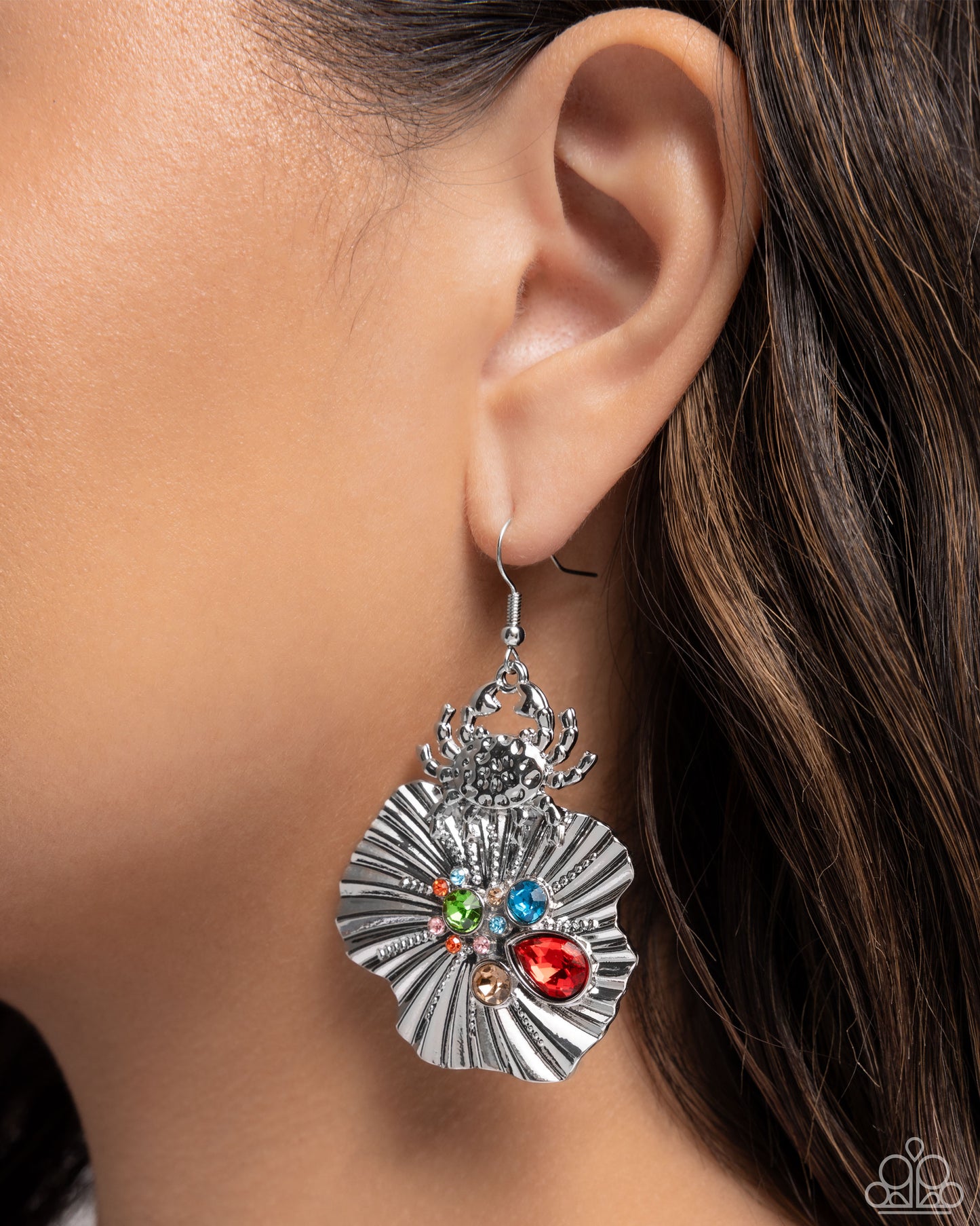Capricious Crab - Red Rhinestone Silver Shell Fishhook Earrings - Paparazzi Accessories