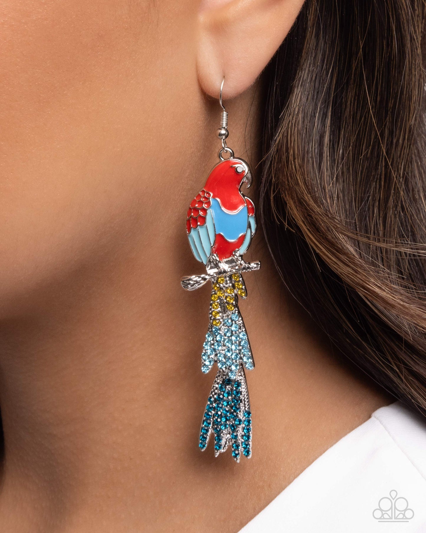 Parrot Pull - Red Enamel Yellow & Blue Rhinestone Silver Fishhook Earrings - Paparazzi Accessories