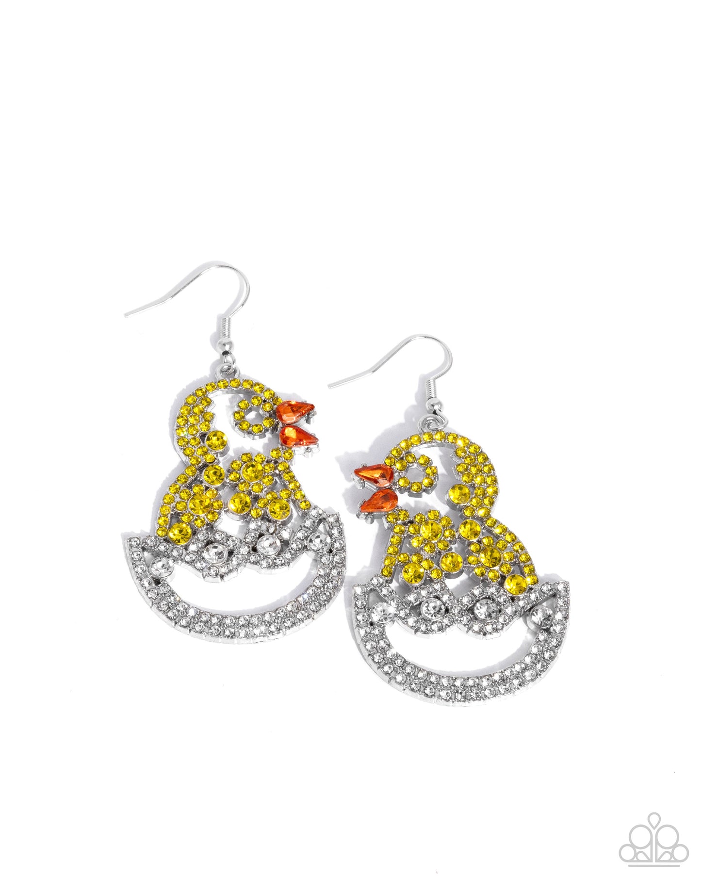 Chick Couture - Yellow, Orange, White Rhinestone Silver Fishhook Earrings - March 2025 Life of the Party Exclusive - Paparazzi Accessories