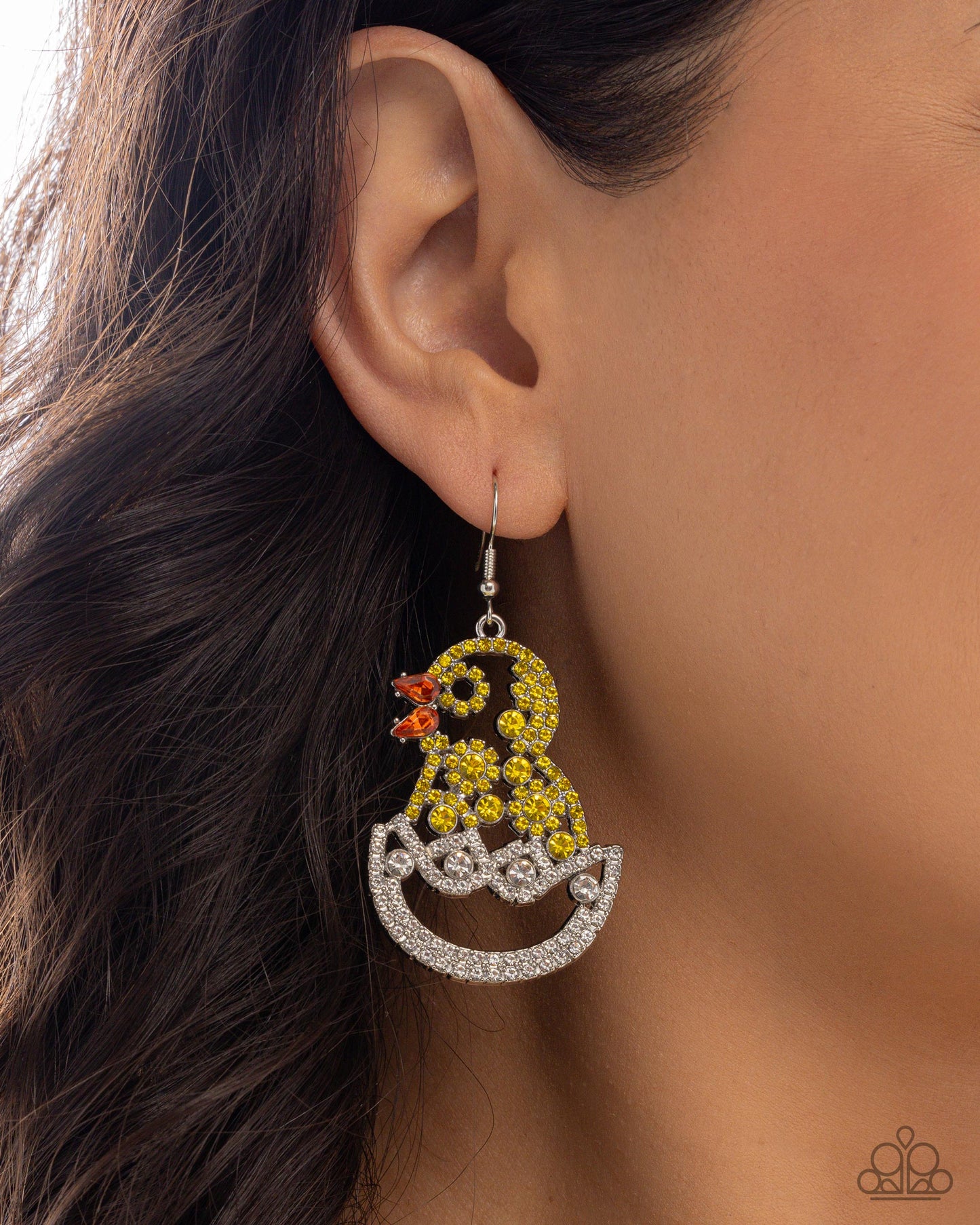 Chick Couture - Yellow, Orange, White Rhinestone Silver Fishhook Earrings - March 2025 Life of the Party Exclusive - Paparazzi Accessories