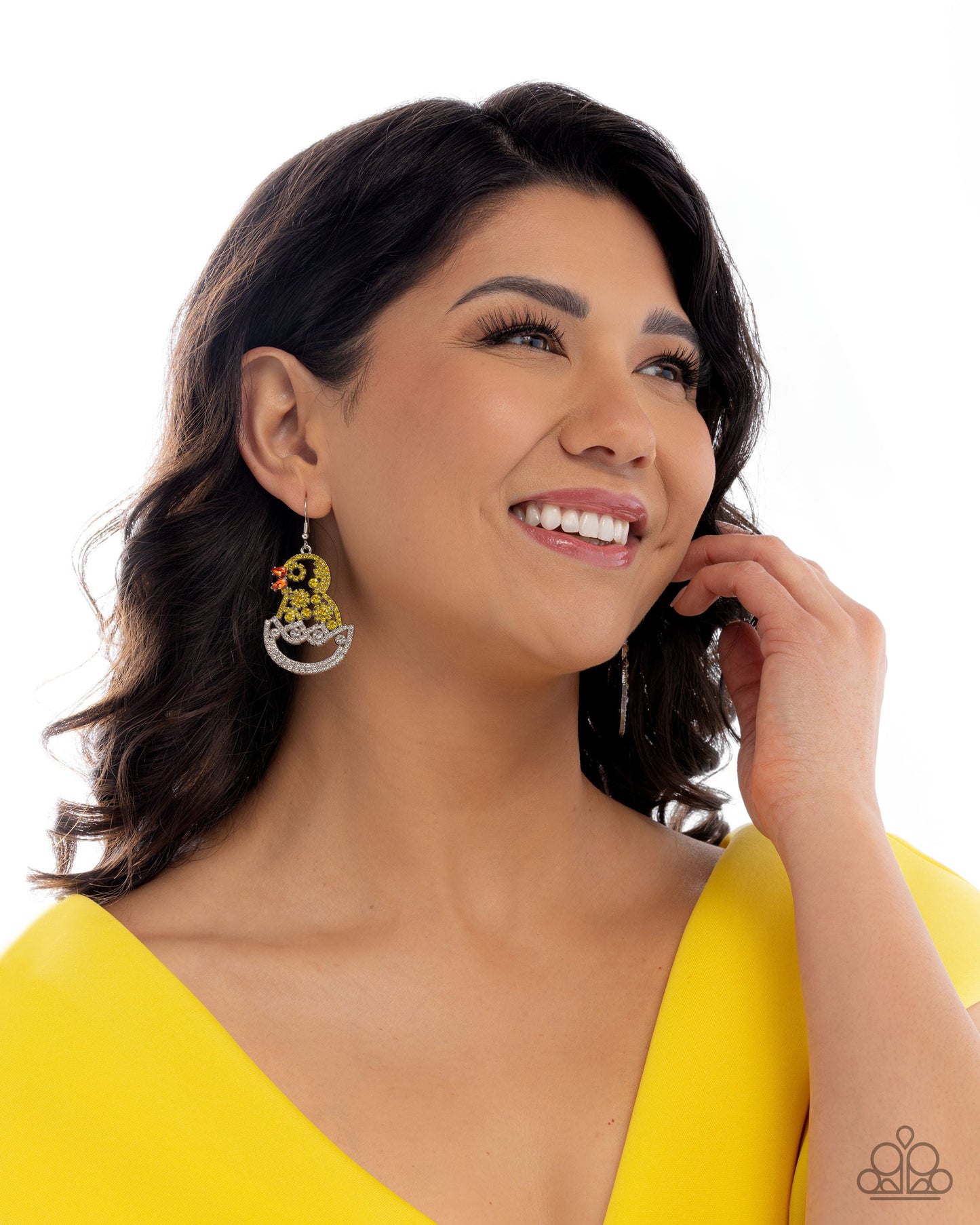 Chick Couture - Yellow, Orange, White Rhinestone Silver Fishhook Earrings - March 2025 Life of the Party Exclusive - Paparazzi Accessories
