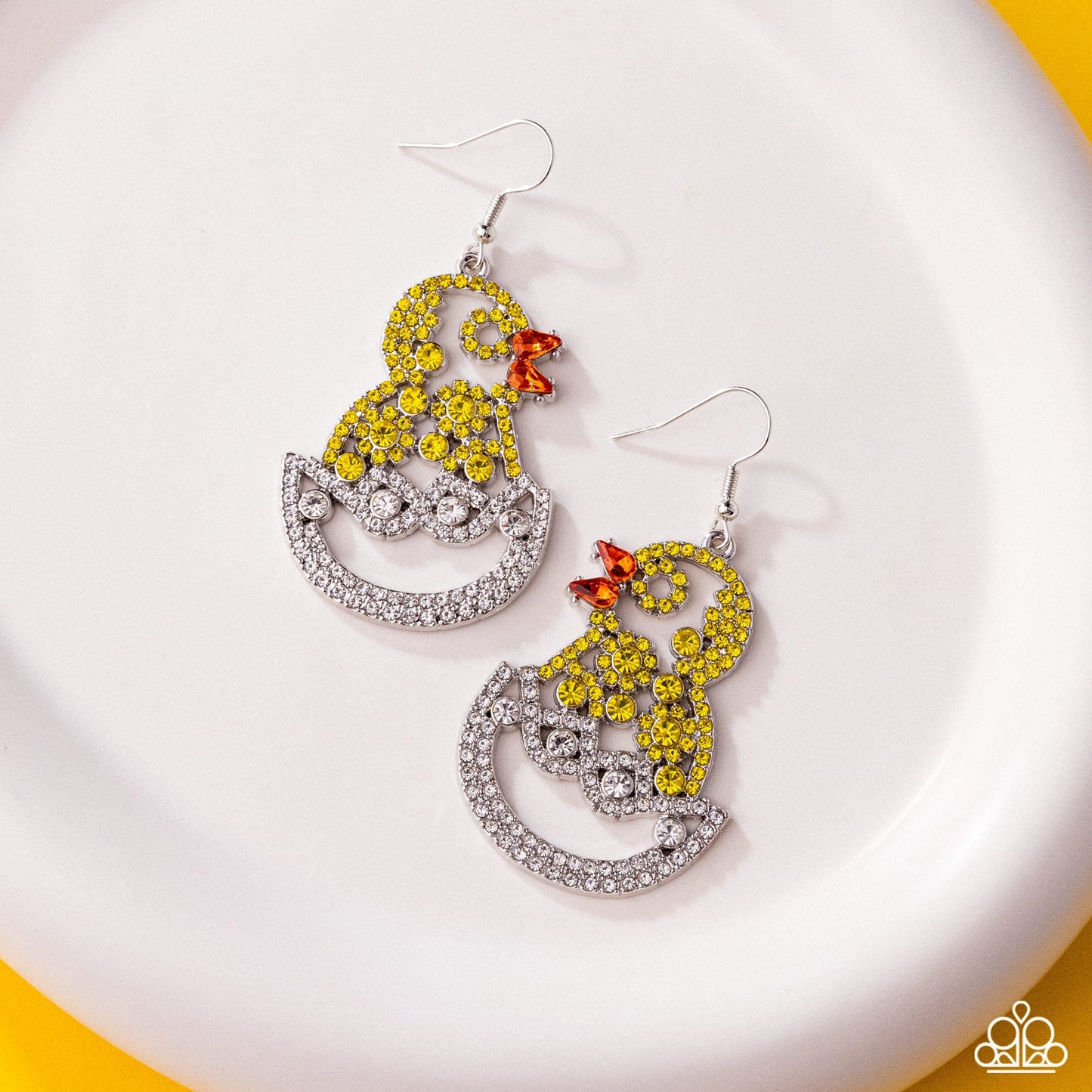 Chick Couture - Yellow, Orange, White Rhinestone Silver Fishhook Earrings - March 2025 Life of the Party Exclusive - Paparazzi Accessories