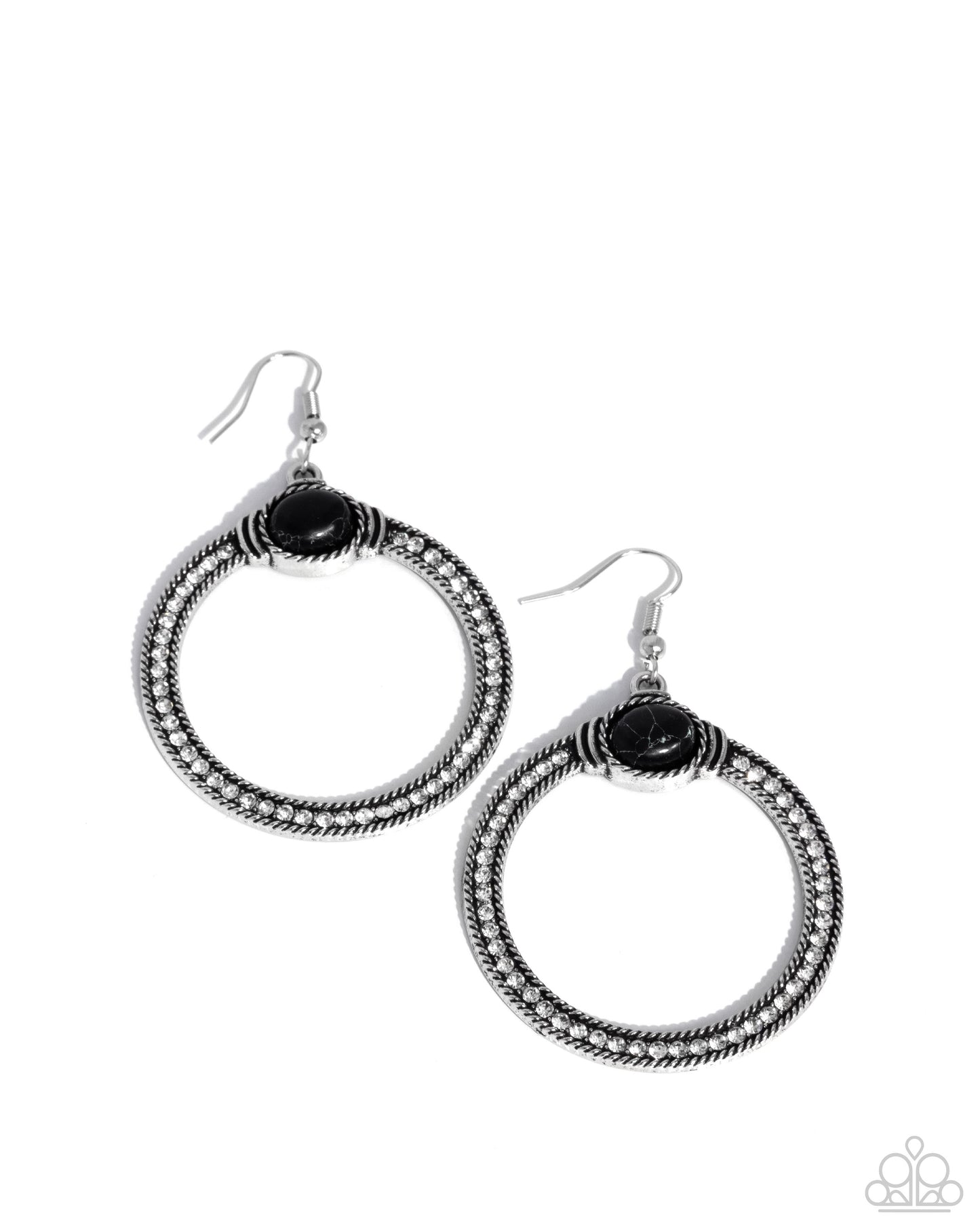 Radical Rusticity - Black Stone Silver Fishhook Earrings - Paparazzi Accessories