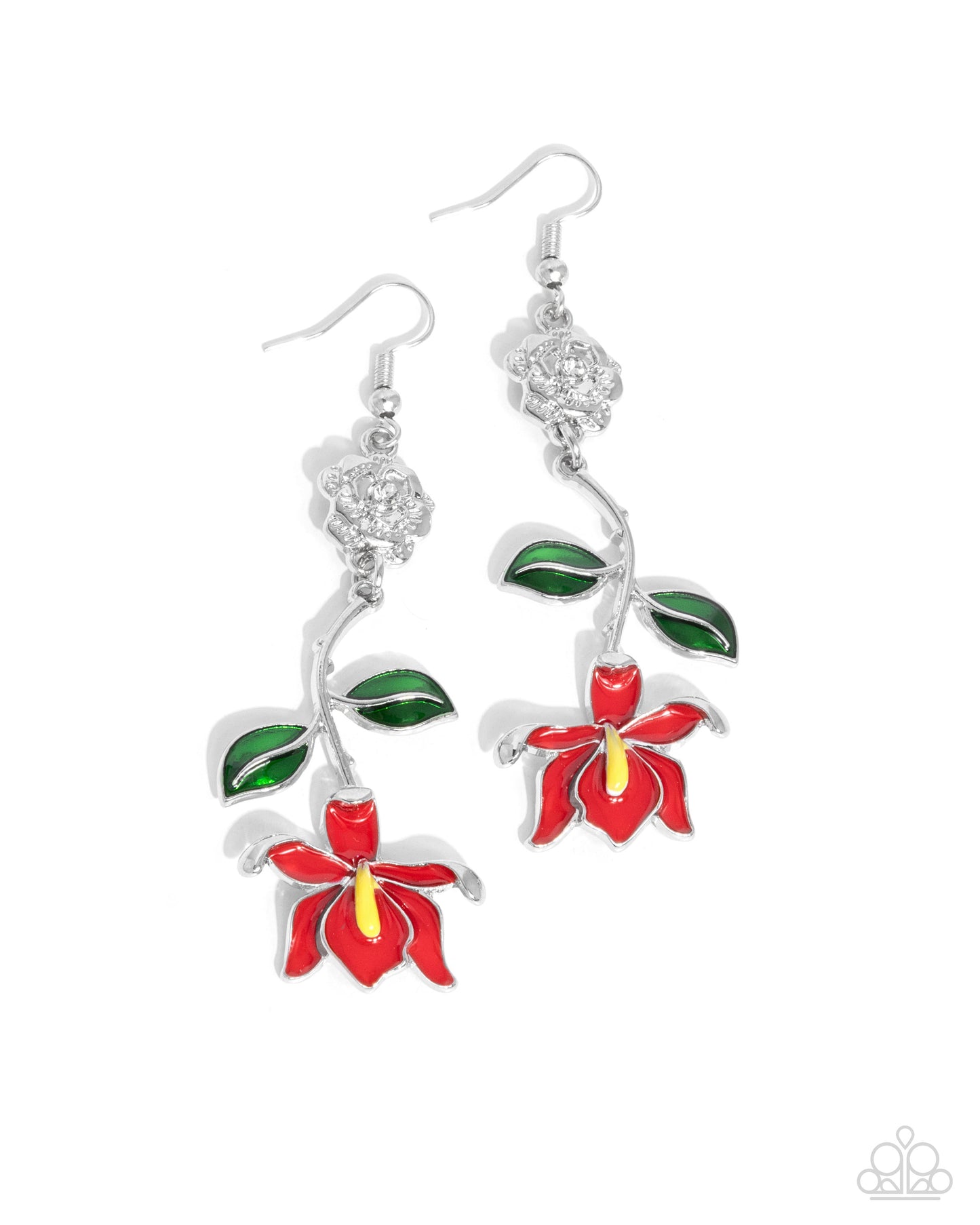 Floral Fractal - Red Enamel Flower Silver Fishhook Earrings - Paparazzi Accessories
