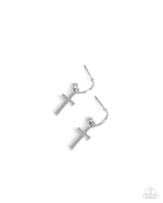 Daily Divinity - Silver Cross Drop Hoop Earrings - Paparazzi Accessories