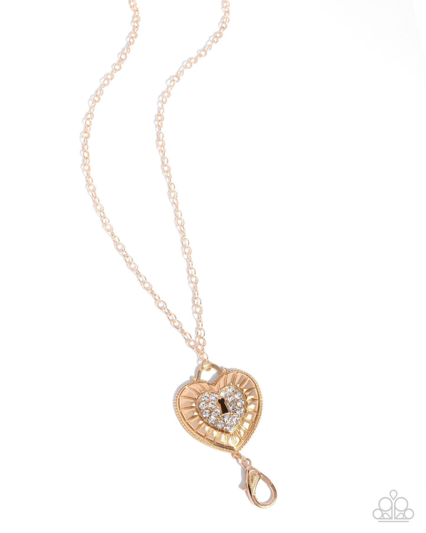 Panoramic Padlock - Gold & White Rhinestone Heart Pendant Lanyard Necklace - Paparazzi Accessories