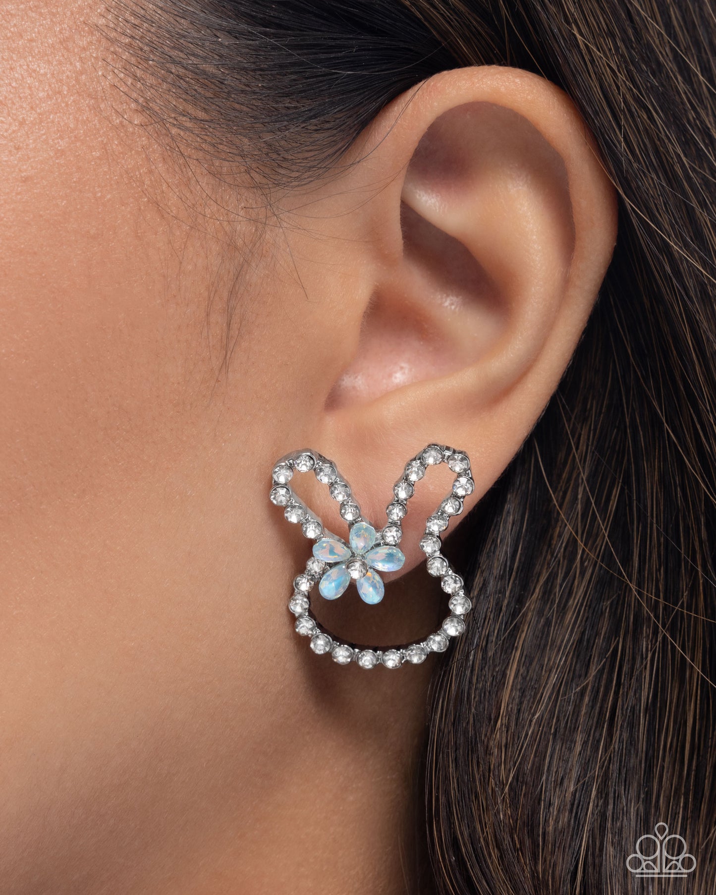 Bunny Backdrop - Blue Opalescent White Rhinestone Silver Rabbit Post Earrings - Paparazzi Accessories