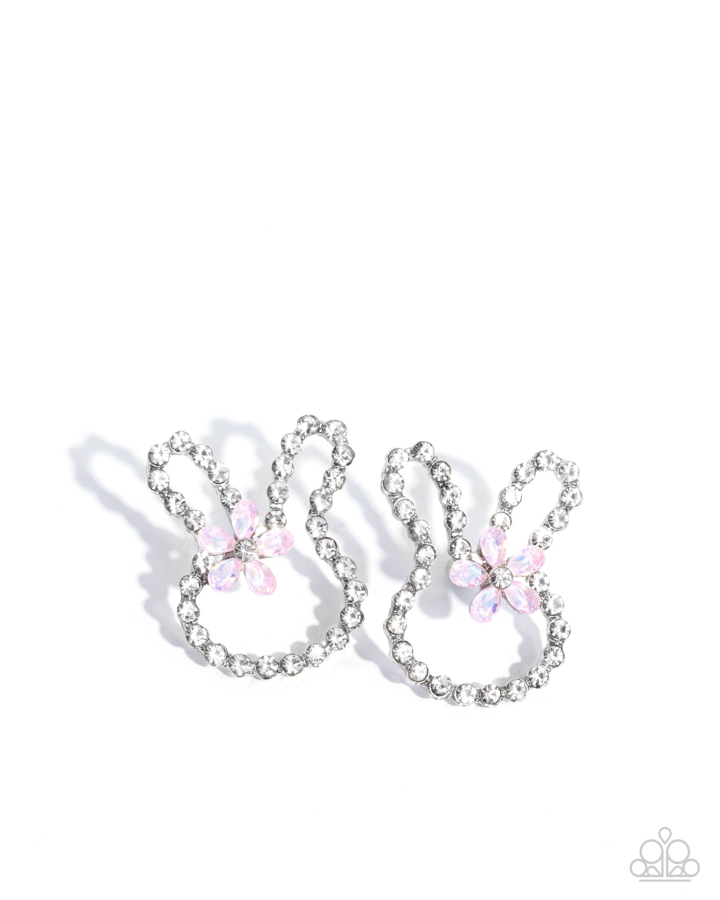 Bunny Backdrop - Pink Opalescent White Rhinestone Silver Rabbit Post Earrings - Paparazzi Accessories