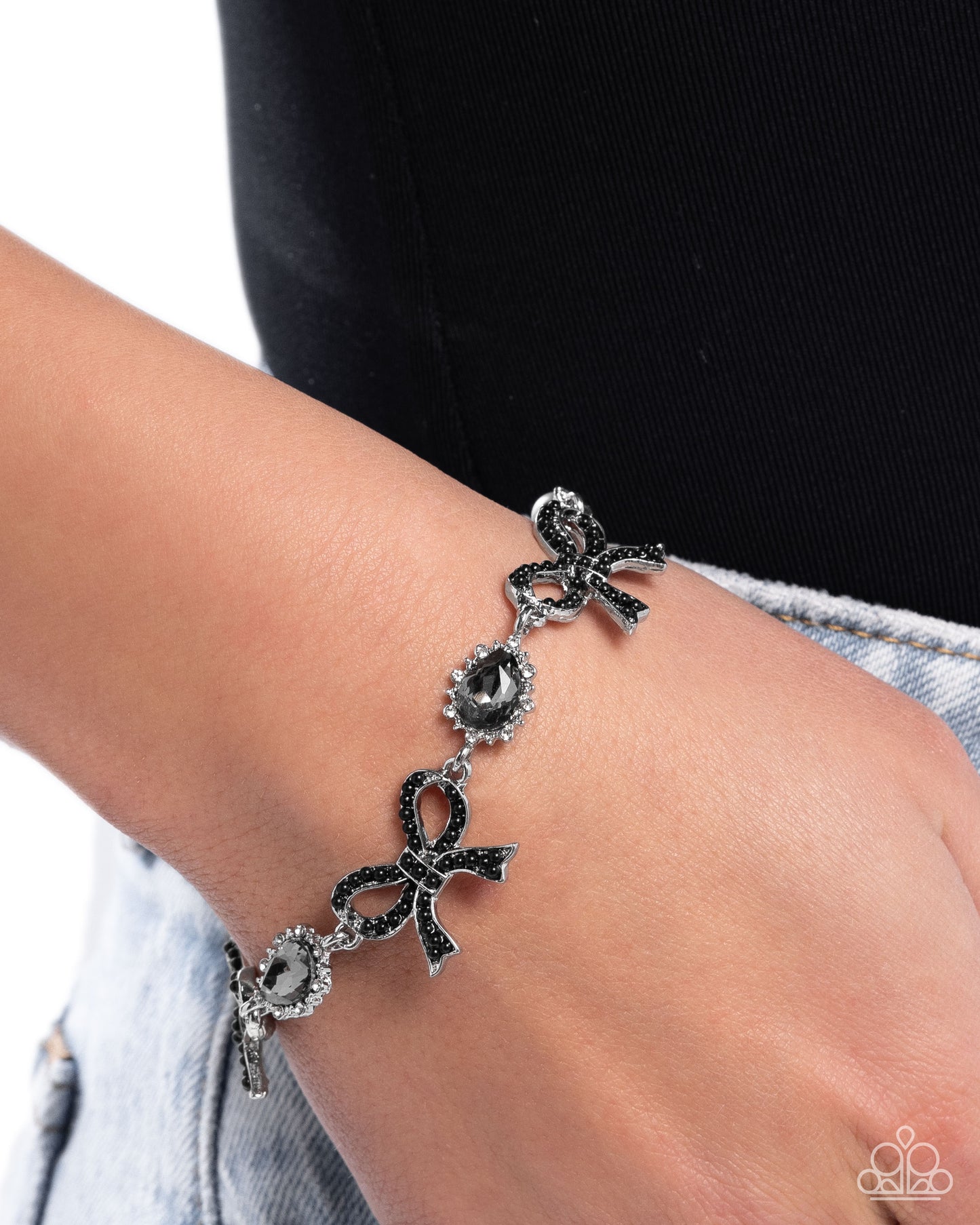 Coquette Caliber - Black Beads Silver Bows Clasp Bracelet - Paparazzi Accessories