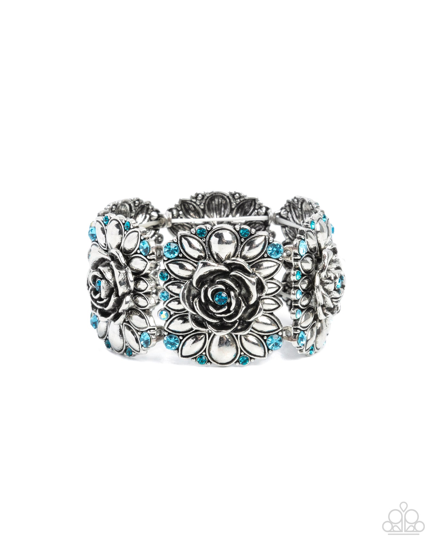 Blooming Balance - Blue Rhinestone Silver Rose Stretchy Bracelet - Paparazzi Accessories