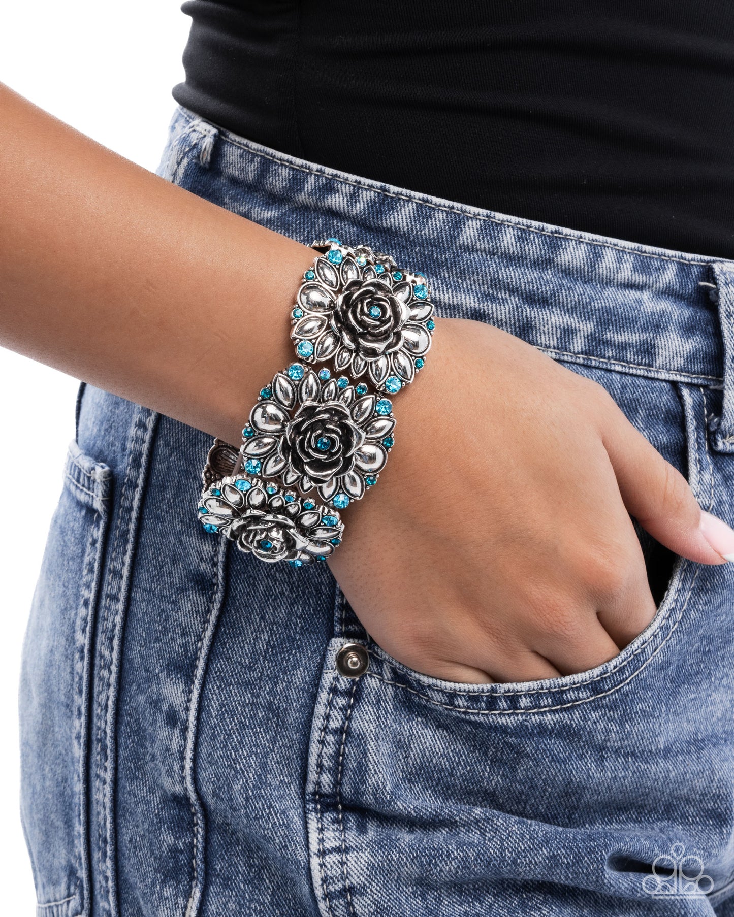 Blooming Balance - Blue Rhinestone Silver Rose Stretchy Bracelet - Paparazzi Accessories