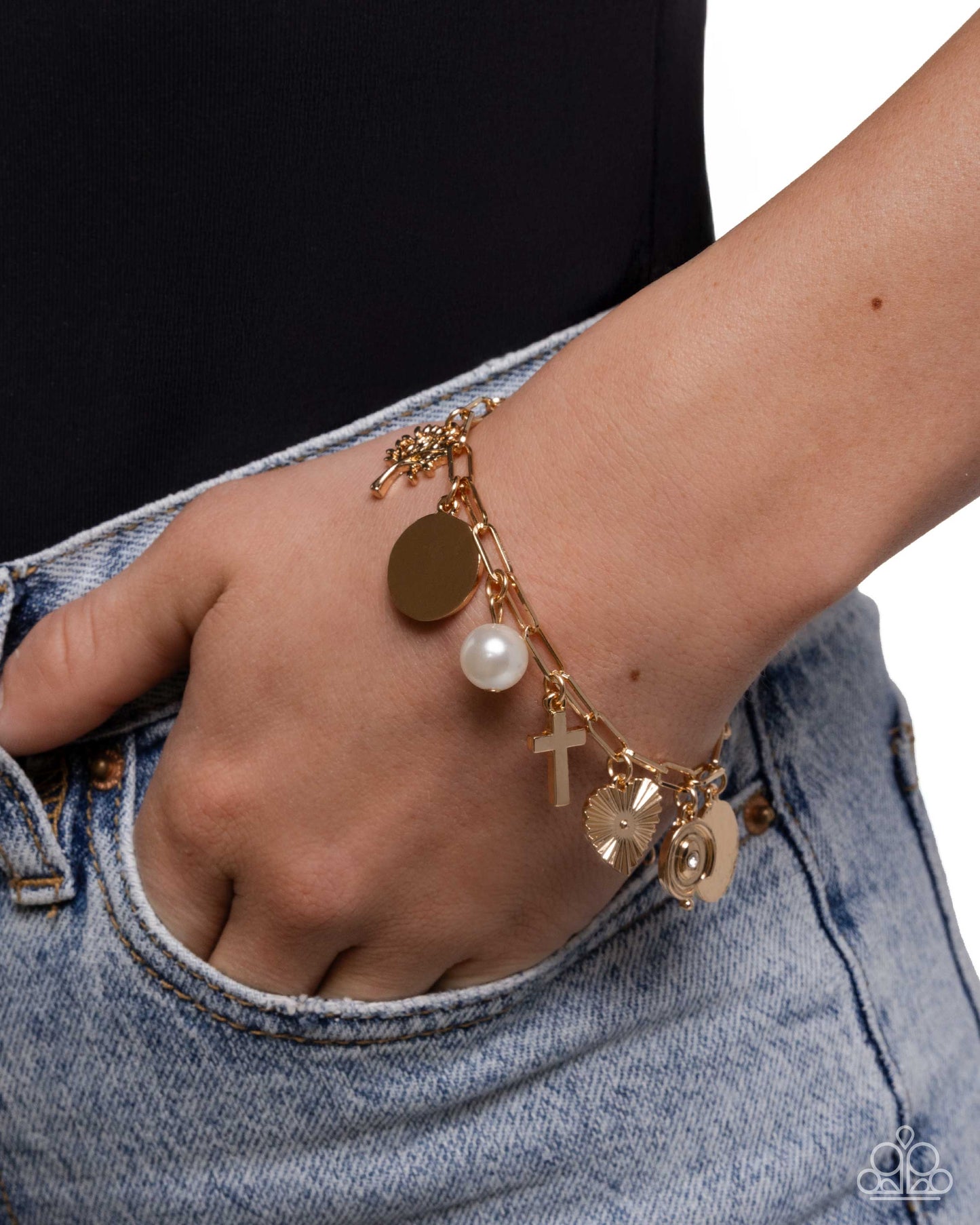 Charm Commitment - Gold Cross Charm White Pearl Clasp Bracelet - Paparazzi Accessories