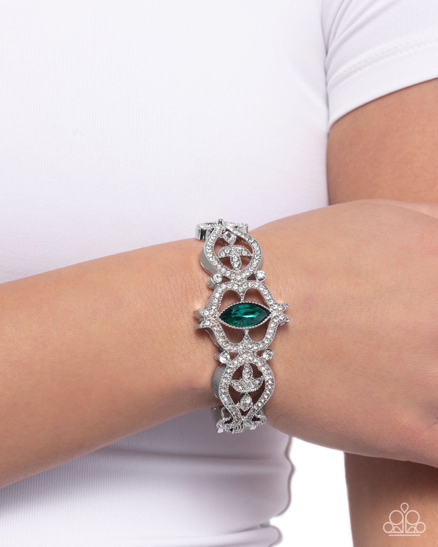 Courtly Coquette - Green Rhinestone, Silver Hinge Bracelet - Paparazzi Accessories