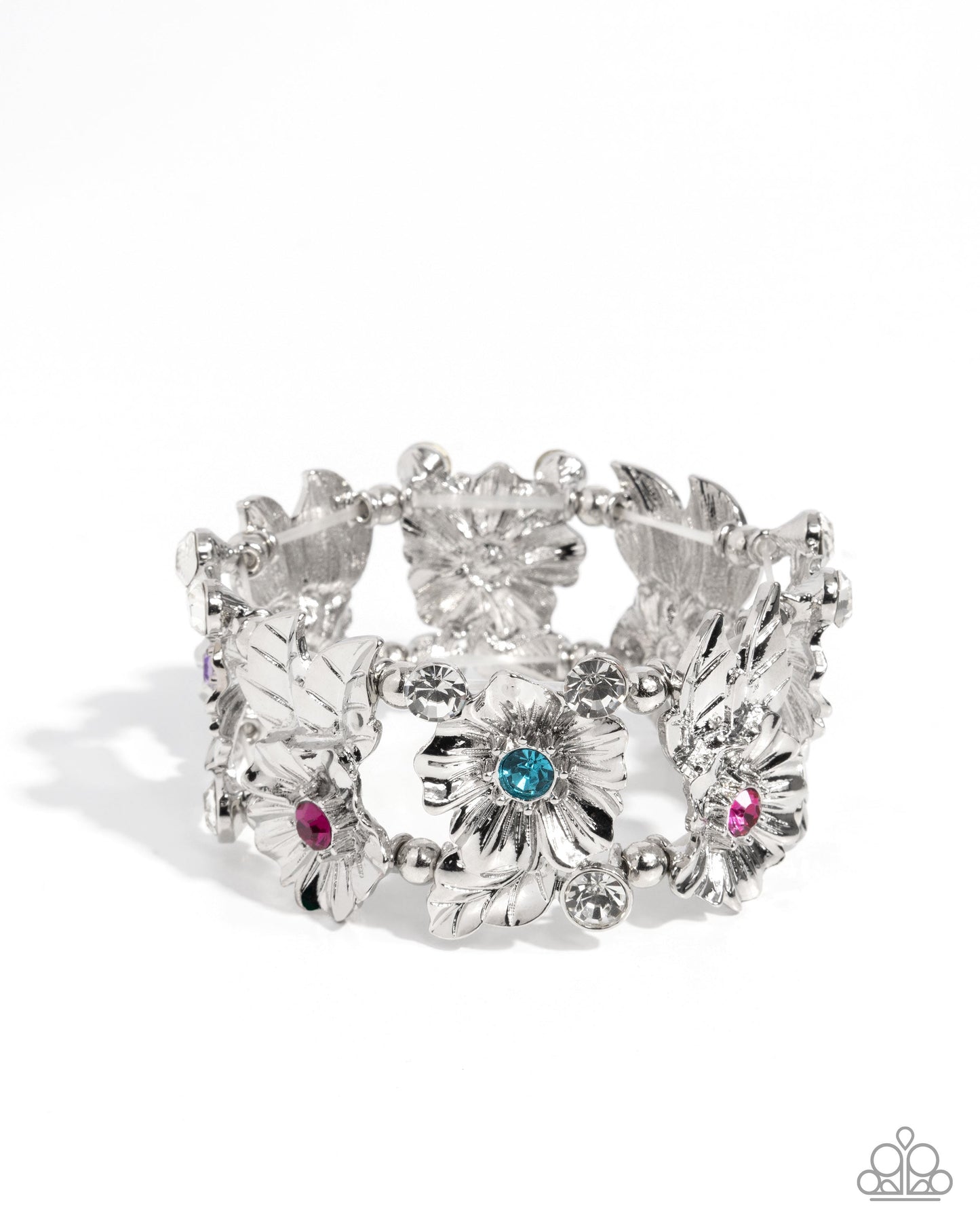 Head-Turning Harmony - Multi Iridescent Rhinestone Silver Flower Stretchy Bracelet - June 2025 Life of the Party Exclusive - Paparazzi Accessories