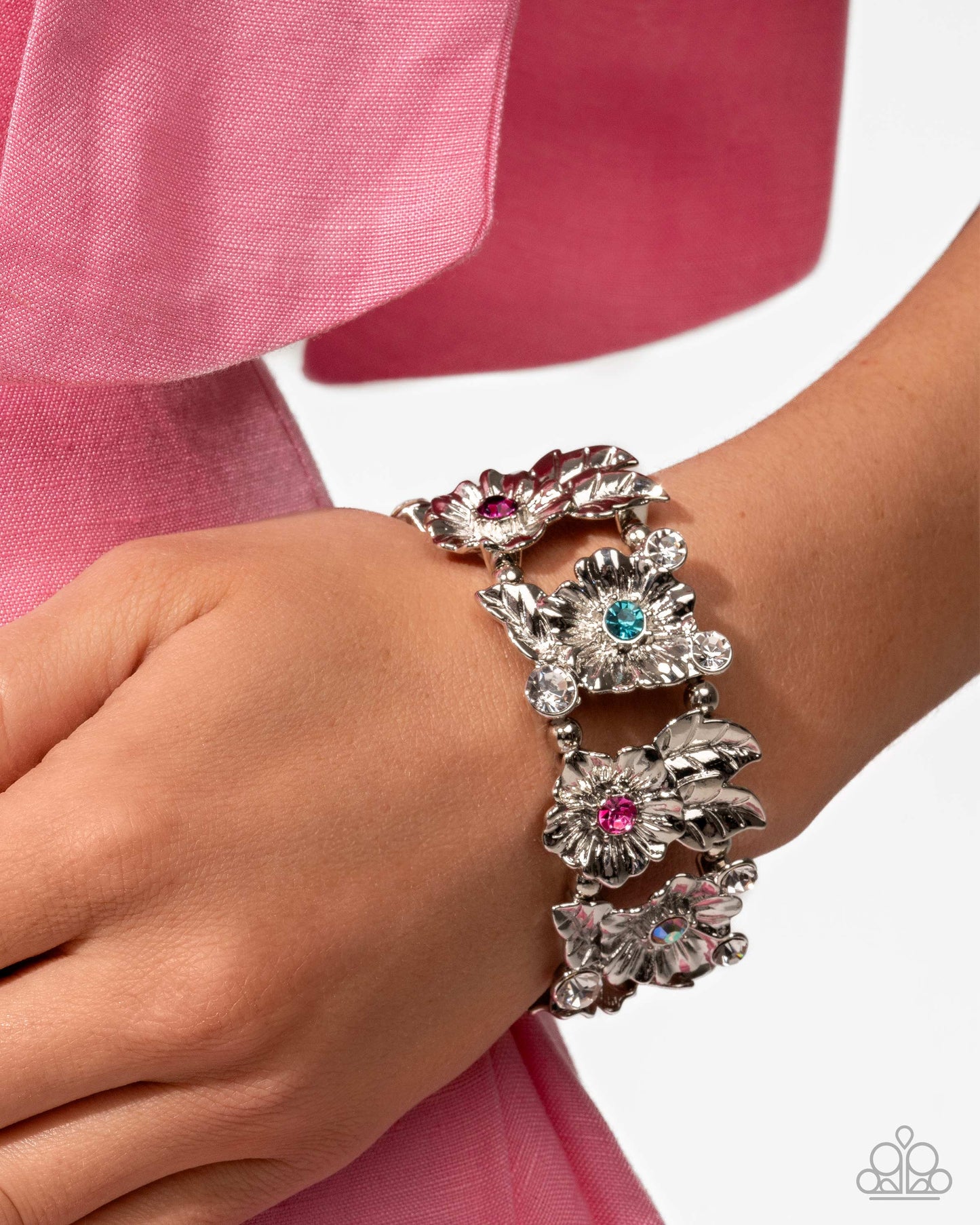 Head-Turning Harmony - Multi Iridescent Rhinestone Silver Flower Stretchy Bracelet - June 2025 Life of the Party Exclusive - Paparazzi Accessories