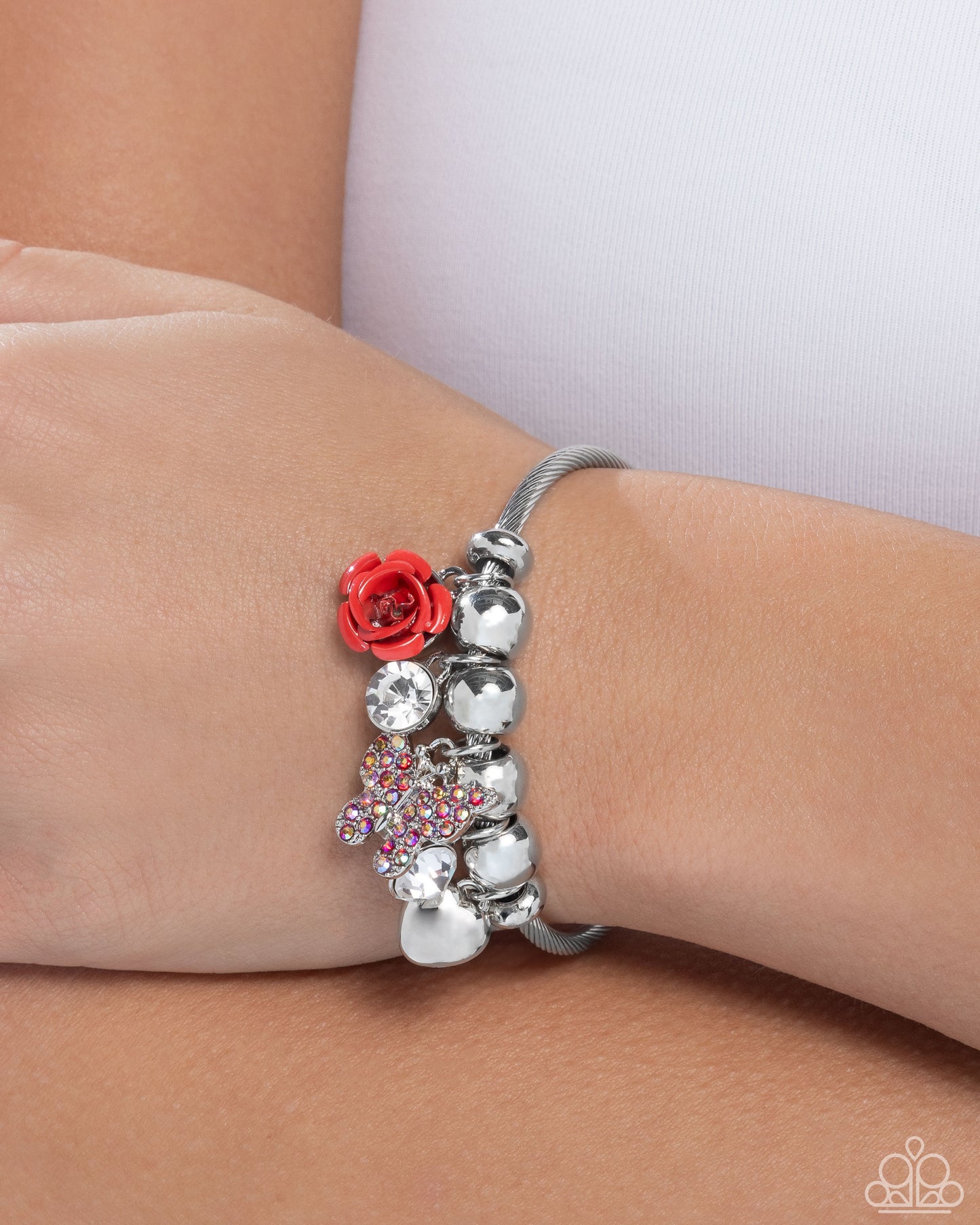 Windblown Whimsy - Red Rose, Rhinestone Butterfly Charm Silver Coil Bracelet - Paparazzi Accessories