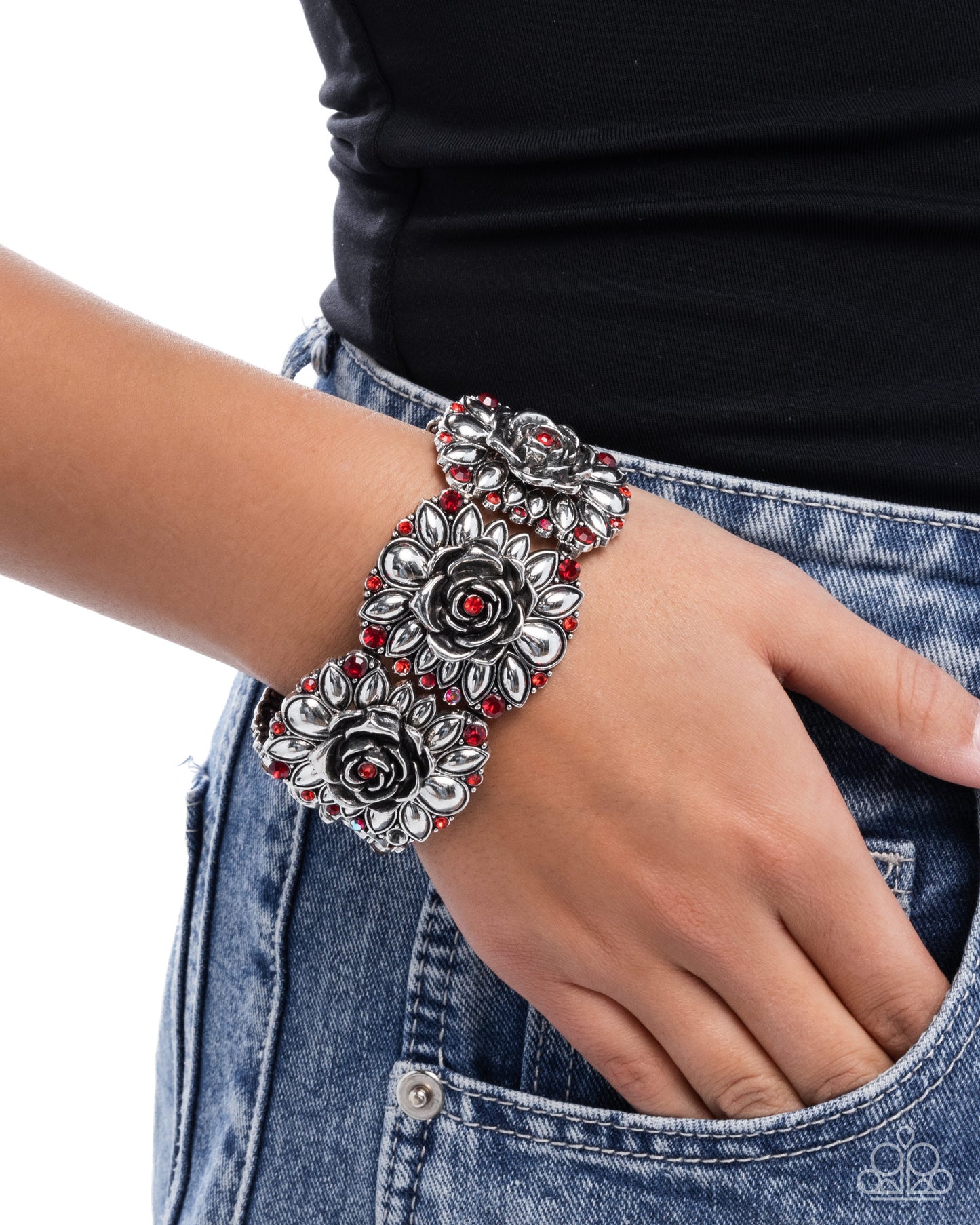 Blooming Balance - Red Rhinestone Silver Rose Stretchy Bracelet - Paparazzi Accessories