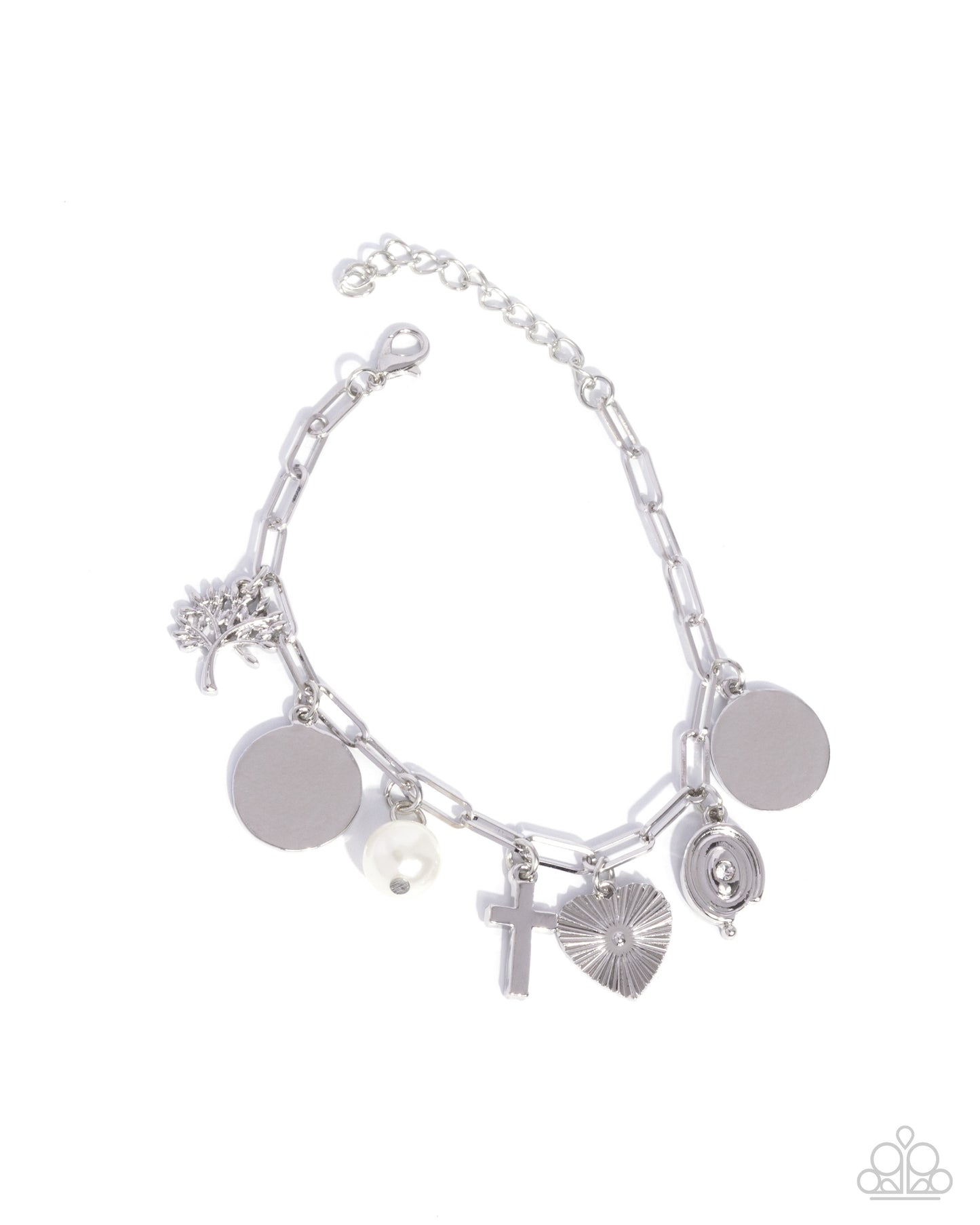 Charm Commitment - White Pearl Silver Cross Charm Clasp Bracelet - Paparazzi Accessories