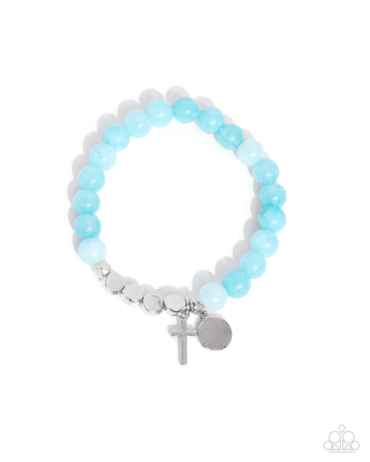 Devout Debut - Blue Beaded Silver Cross Charm Stretchy Bracelet - Paparazzi Accessories
