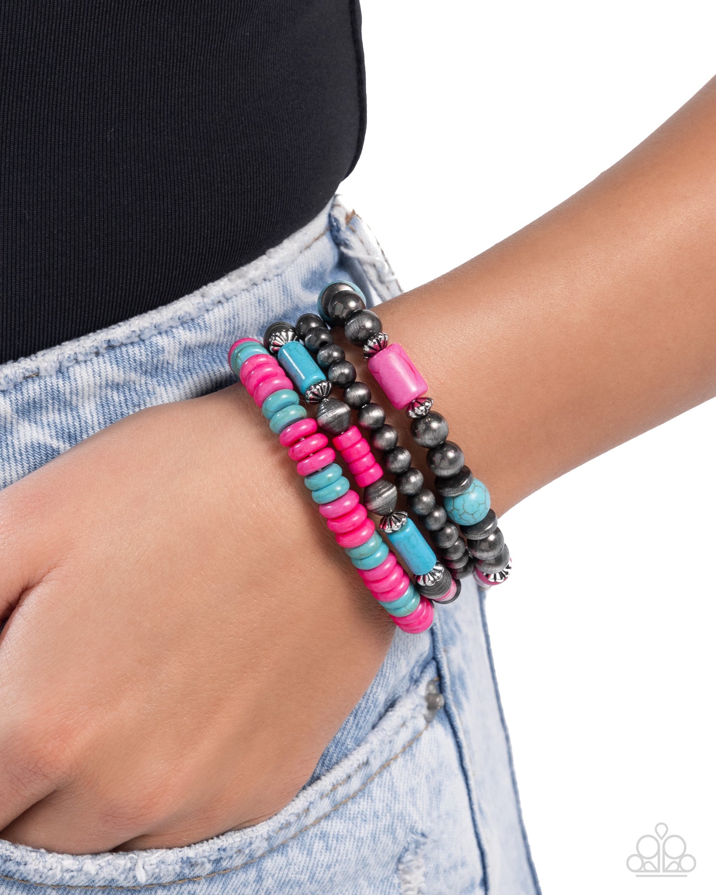 Adorably Abundant - Pink & Blue Crackle Stone, Navajo Pearl Stretchy Bracelets - Paparazzi Accessories