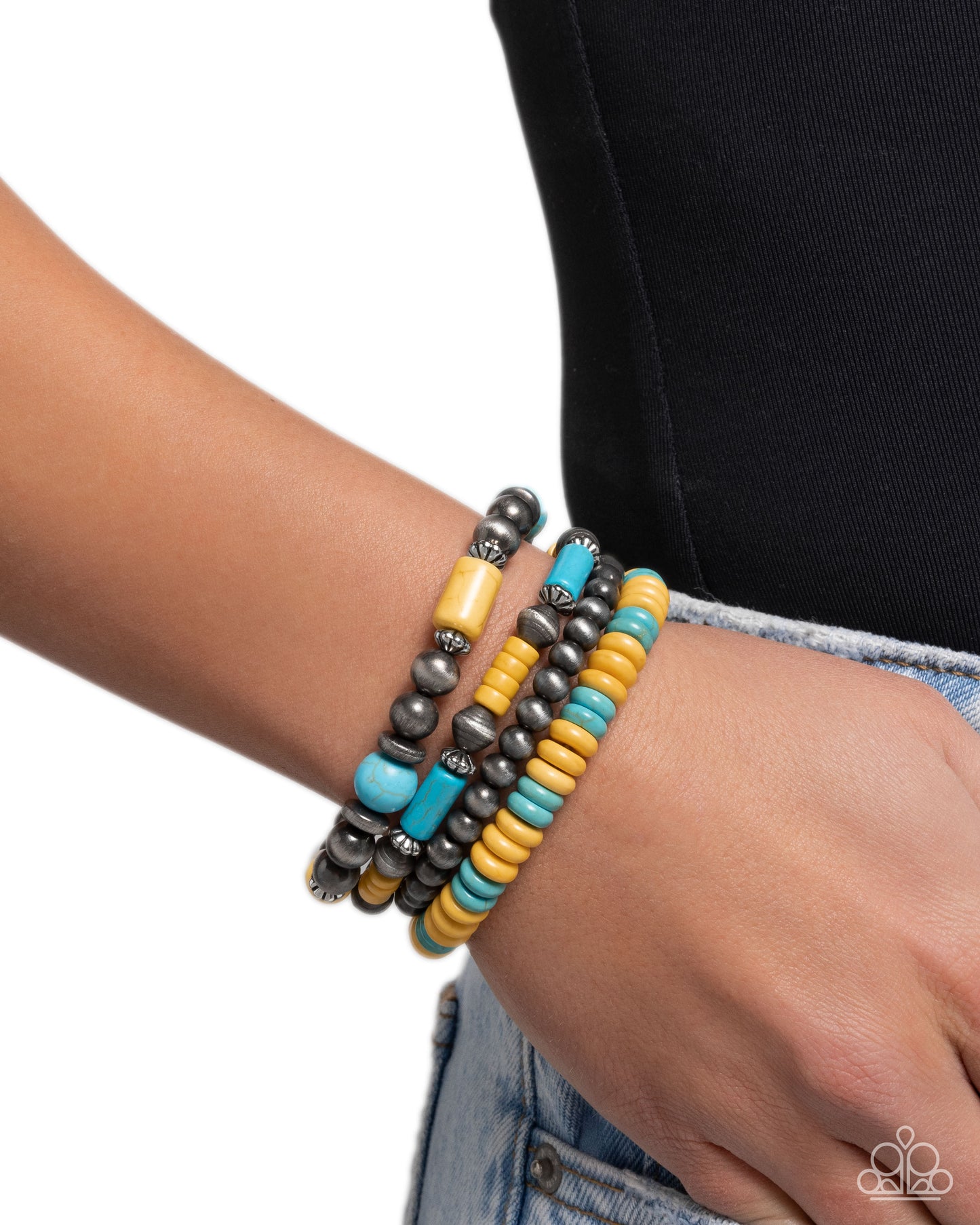 Adorably Abundant - Yellow & Blue Turquoise Crackle Stone Navajo Pearl Stretchy Bracelets - Paparazzi Accessories