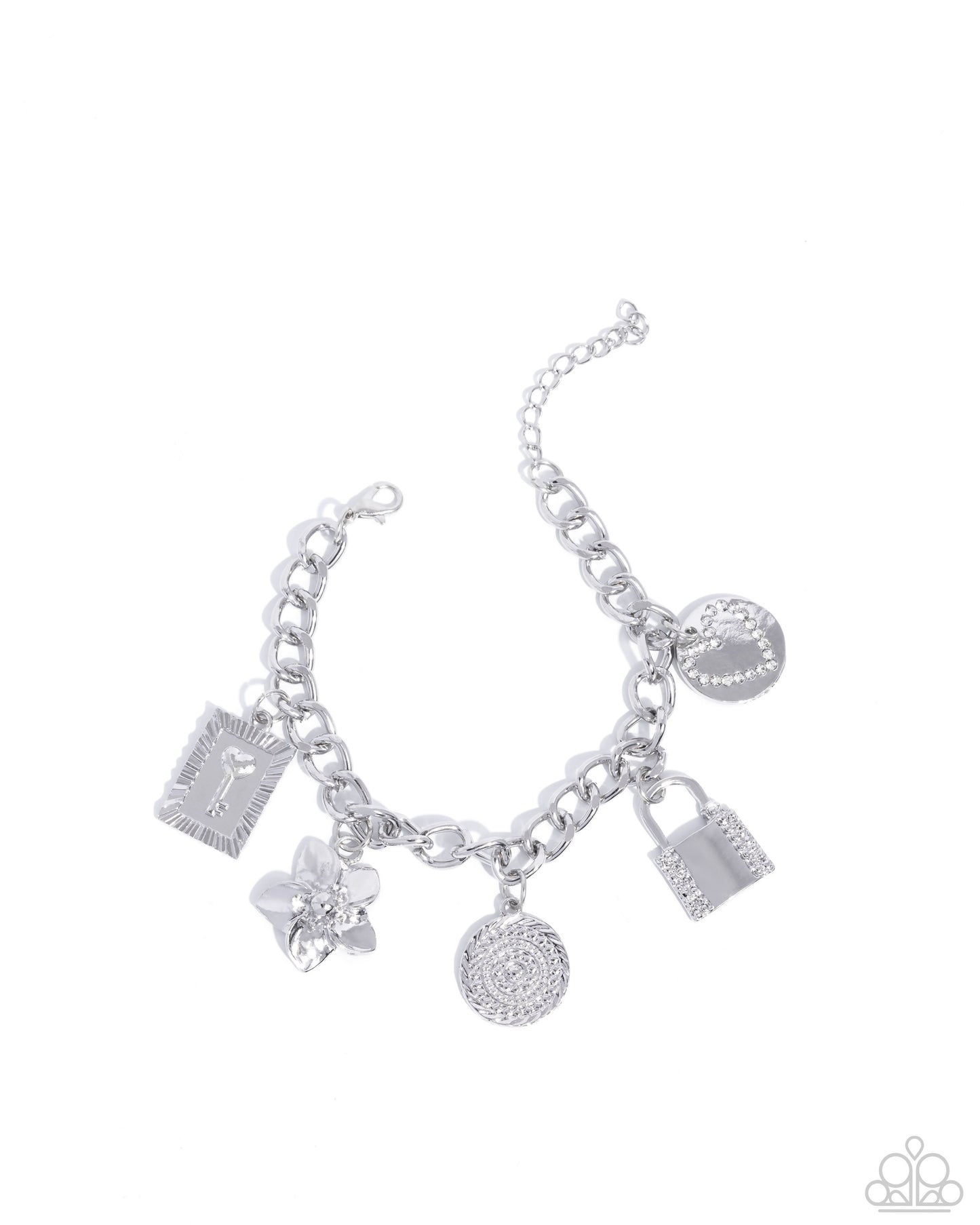 Monochromatic Mayhem - White Rhinestone Heart, Padlock, Key Charm Silver Clasp Bracelet - Paparazzi Accessories