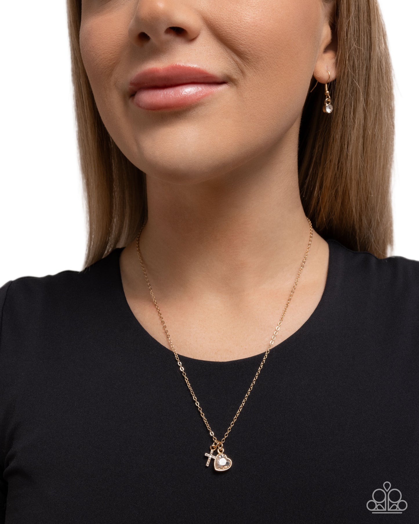 Blessed Brilliance - Gold Cross & White Rhinestone Heart Necklace - Paparazzi Accessories